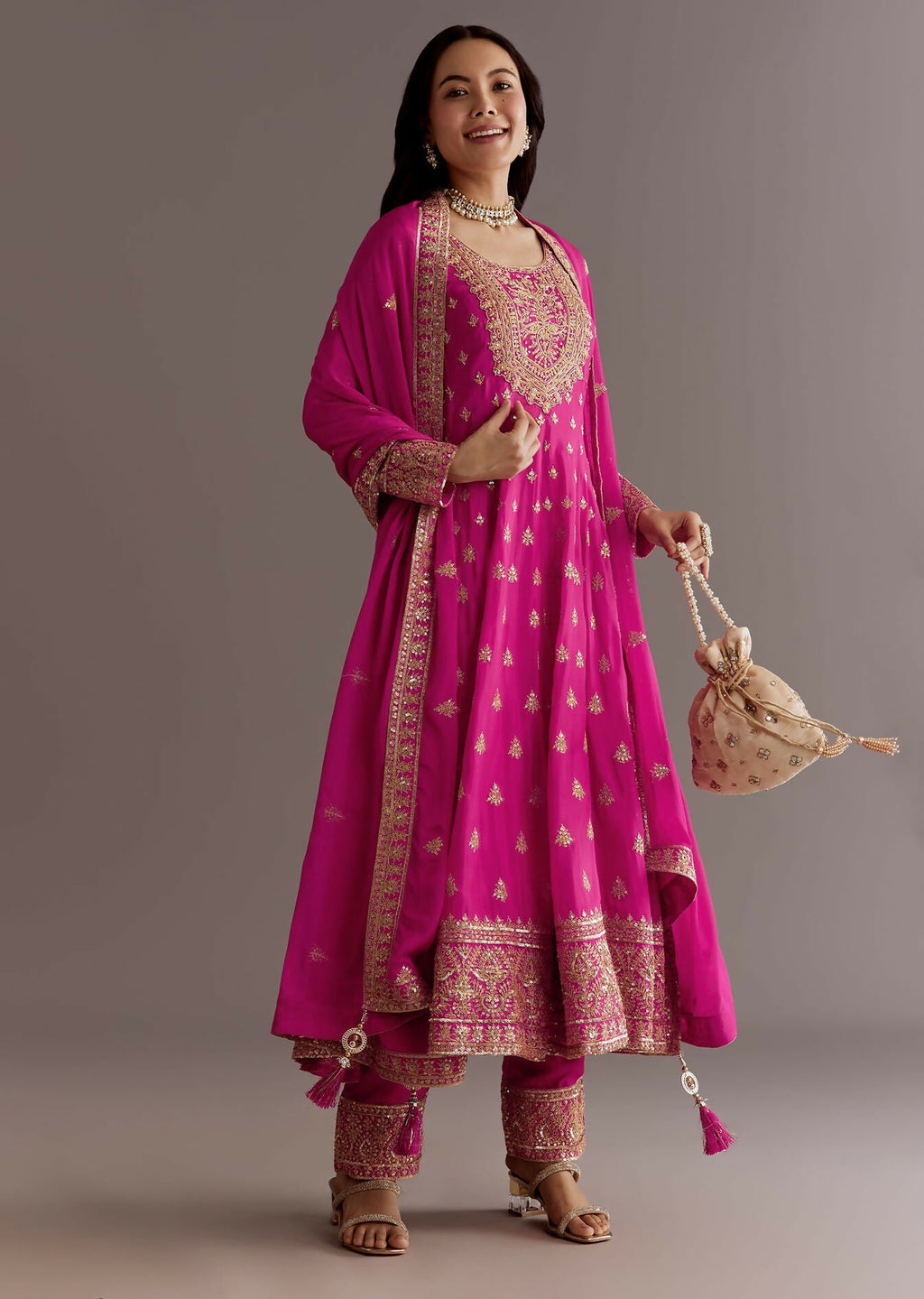 Teeya Creation Pink Color Chinnon Silk Embroidery Work Gown