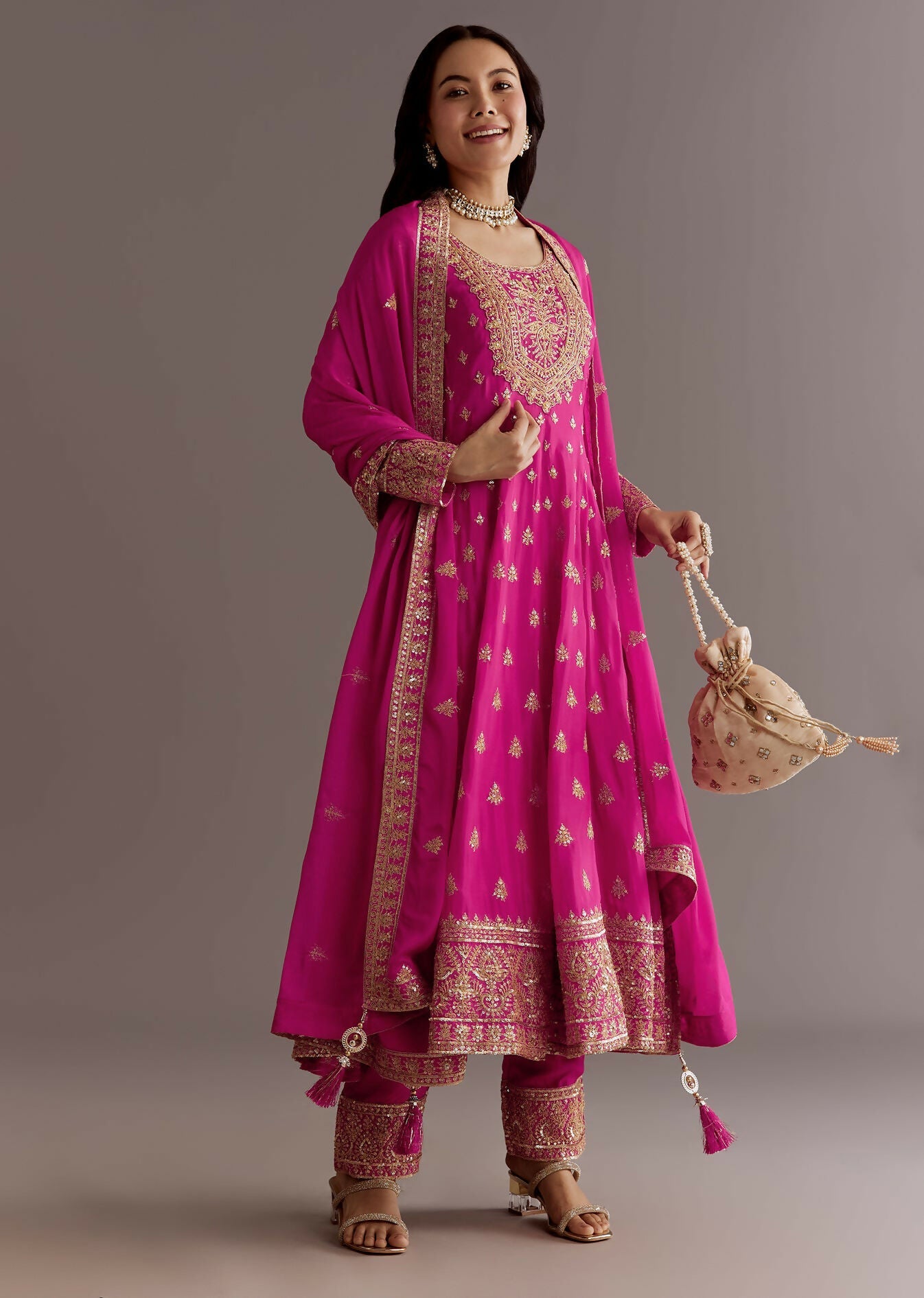 Teeya Creation Pink Color Chinnon Silk Embroidery Work Gown