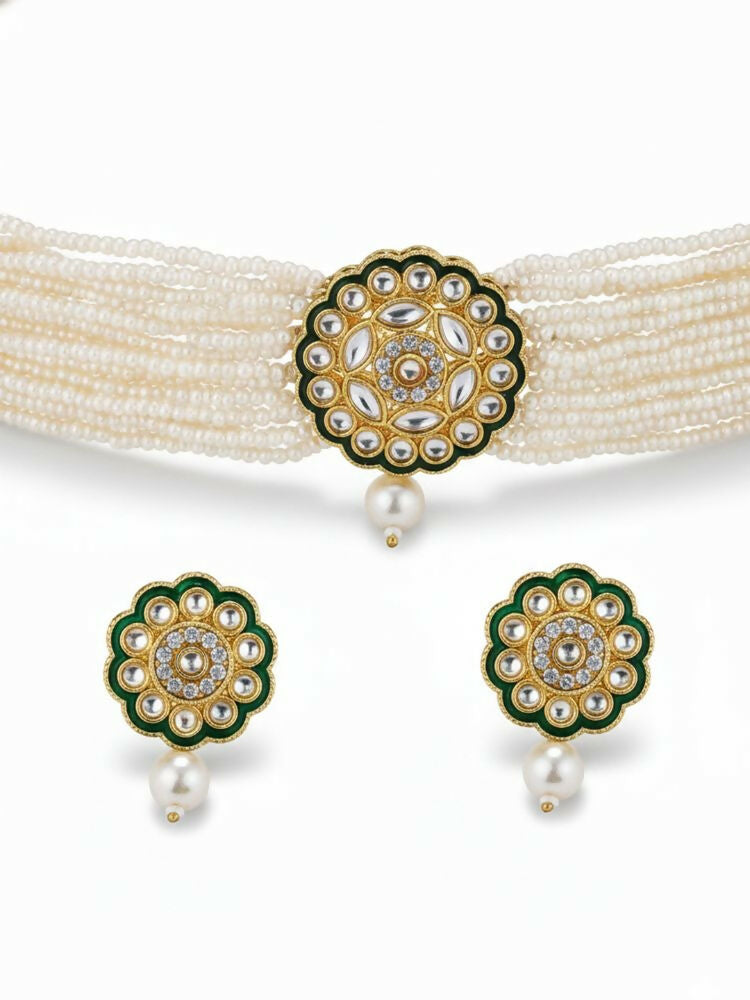 NVR Women Gold Plated White Kundan Jewellery Set