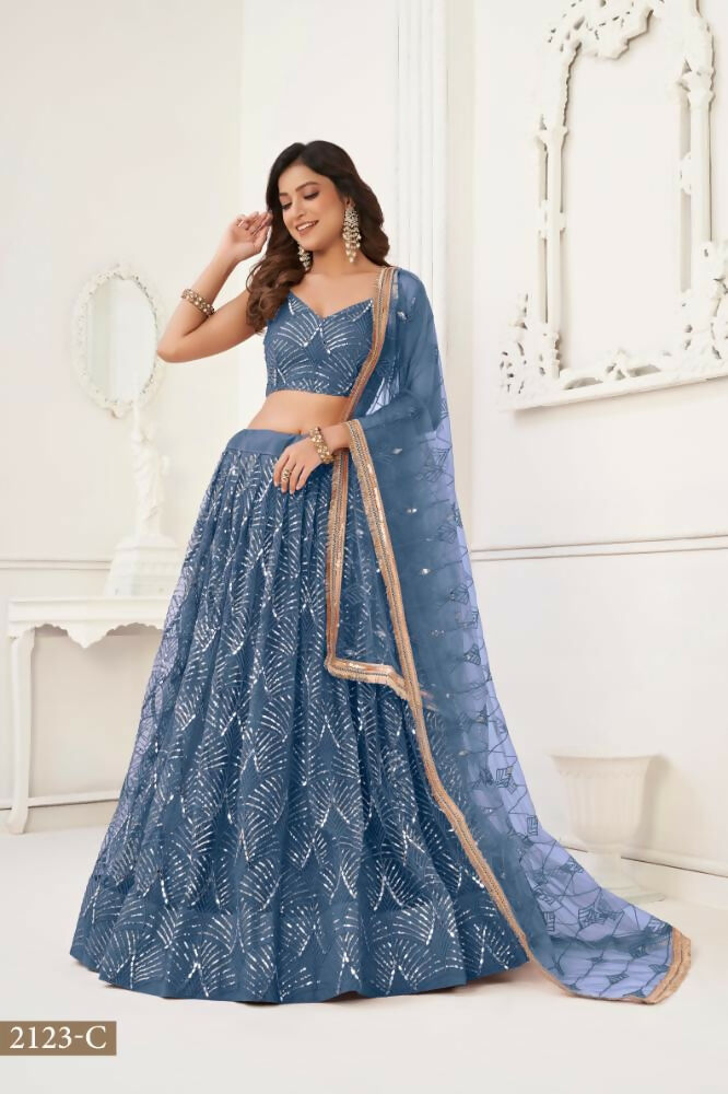 Aastha Fashion More Peach Butterfly Net Tone To Tone Thread Work, Sequence Work And Original Mirror Work Embroidery Wedding Wear Lehenga Choli