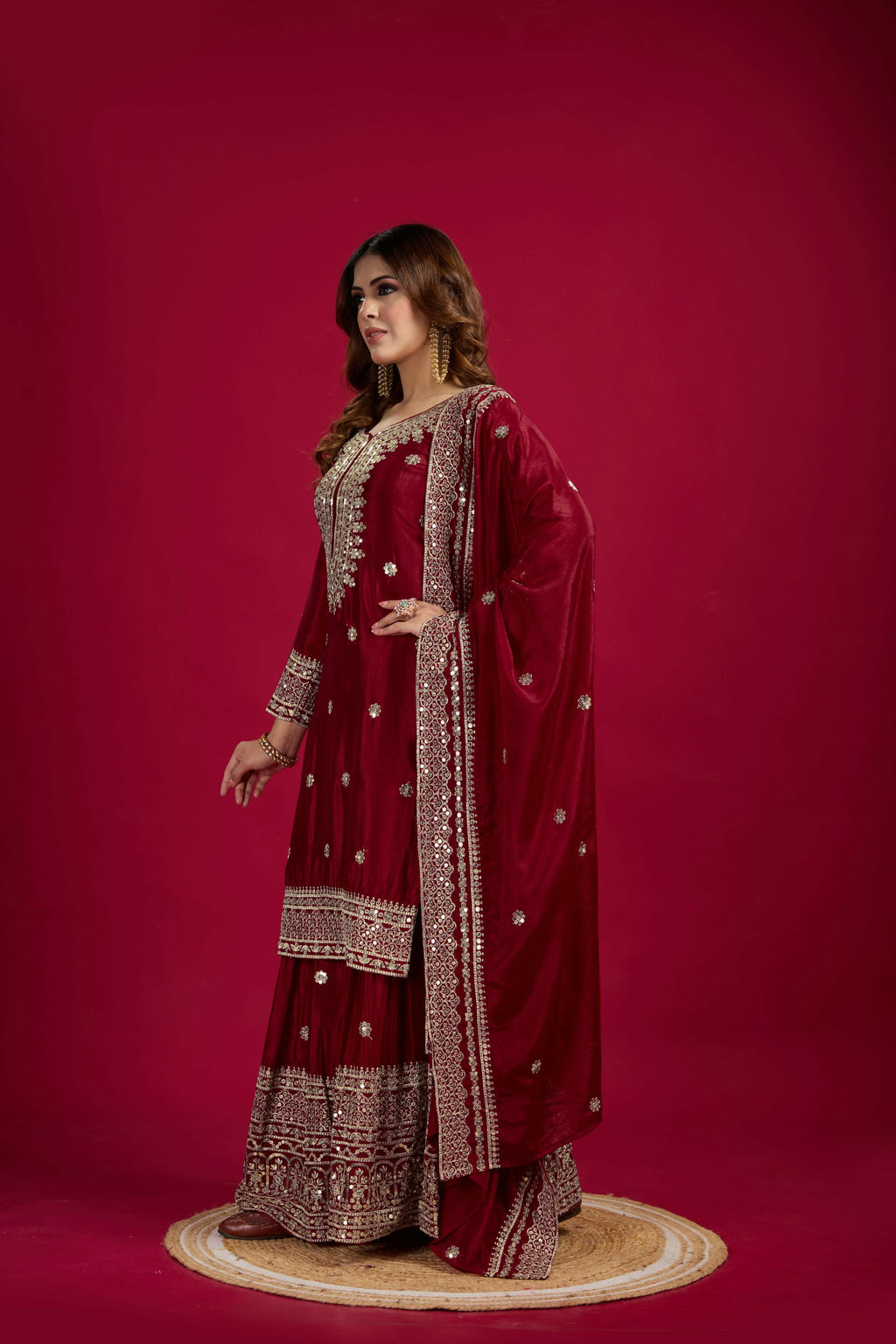 Joban Fashion Maroon Kurta Set Silk Sequins , Zari, Coding & Thread Embroidered work