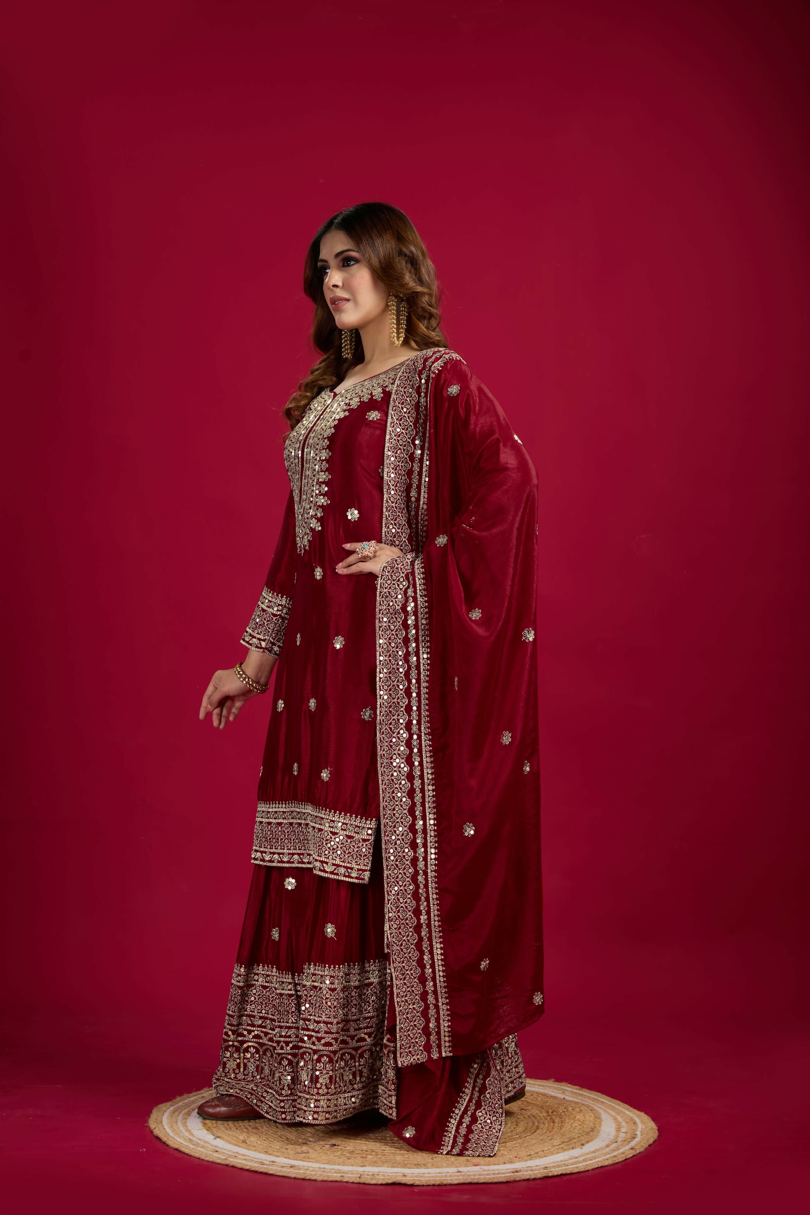 Joban Fashion Maroon Kurta Set Silk Sequins , Zari, Coding & Thread Embroidered work