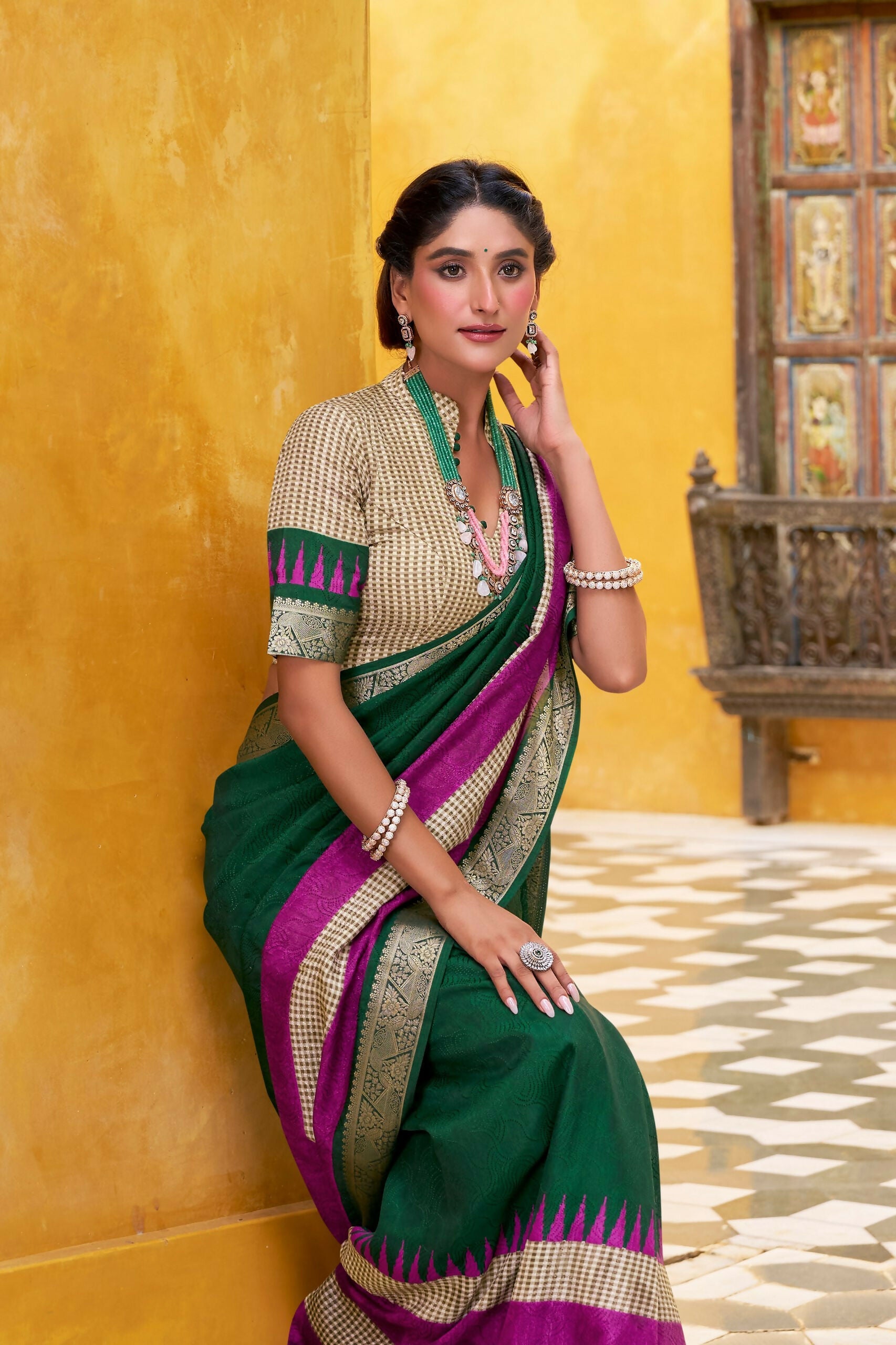 Vastranavya Green Printed with Zari Weaving Work Poly Cotton Saree & Unstitched Blouse
