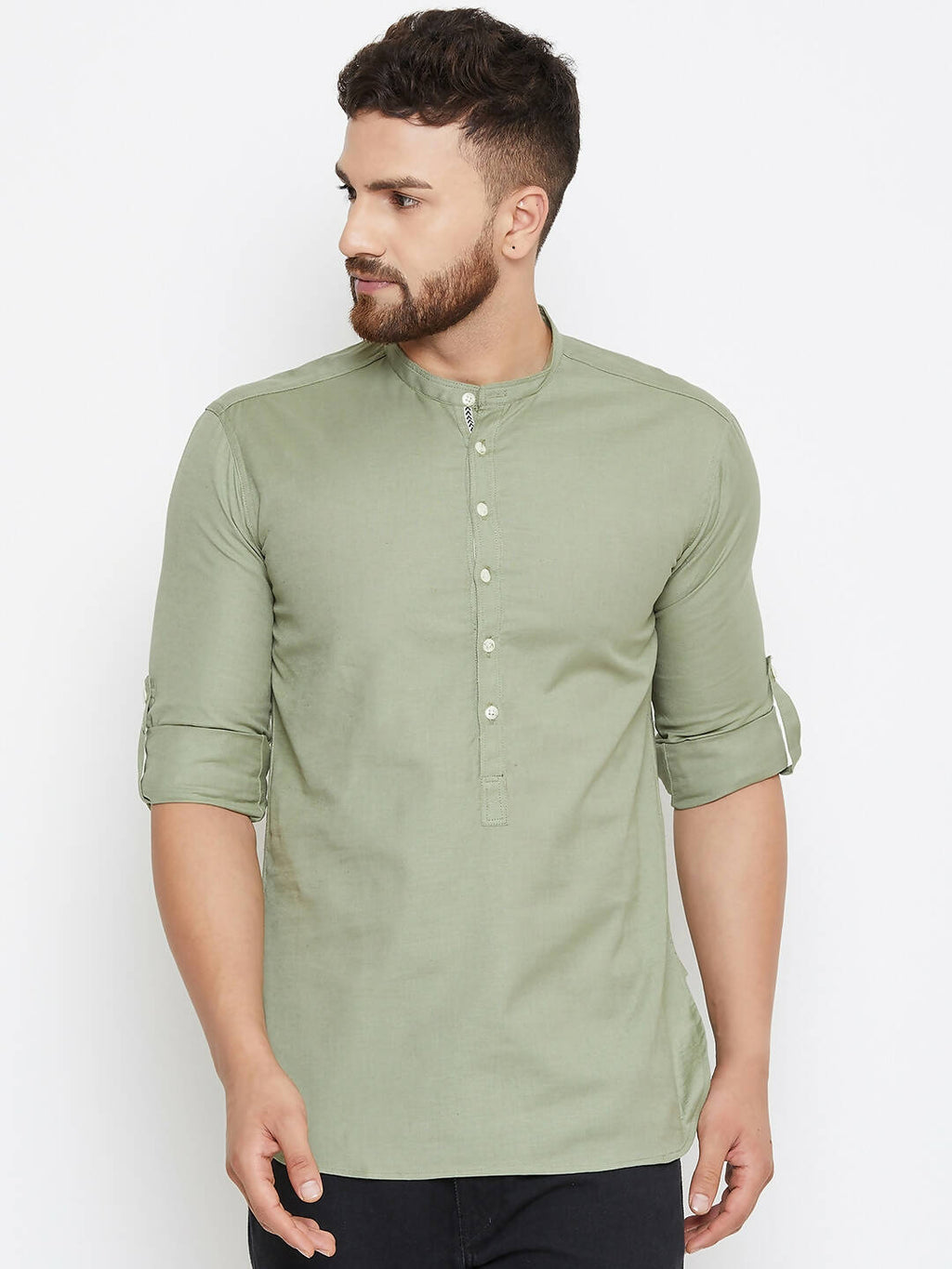 Even Apparels Green Color Men's Pure Cotton Kurta With Band Collar