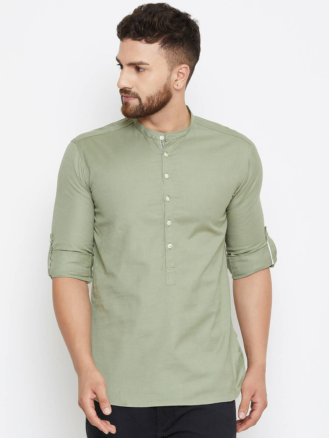 Even Apparels Green Color Men's Pure Cotton Kurta With Band Collar