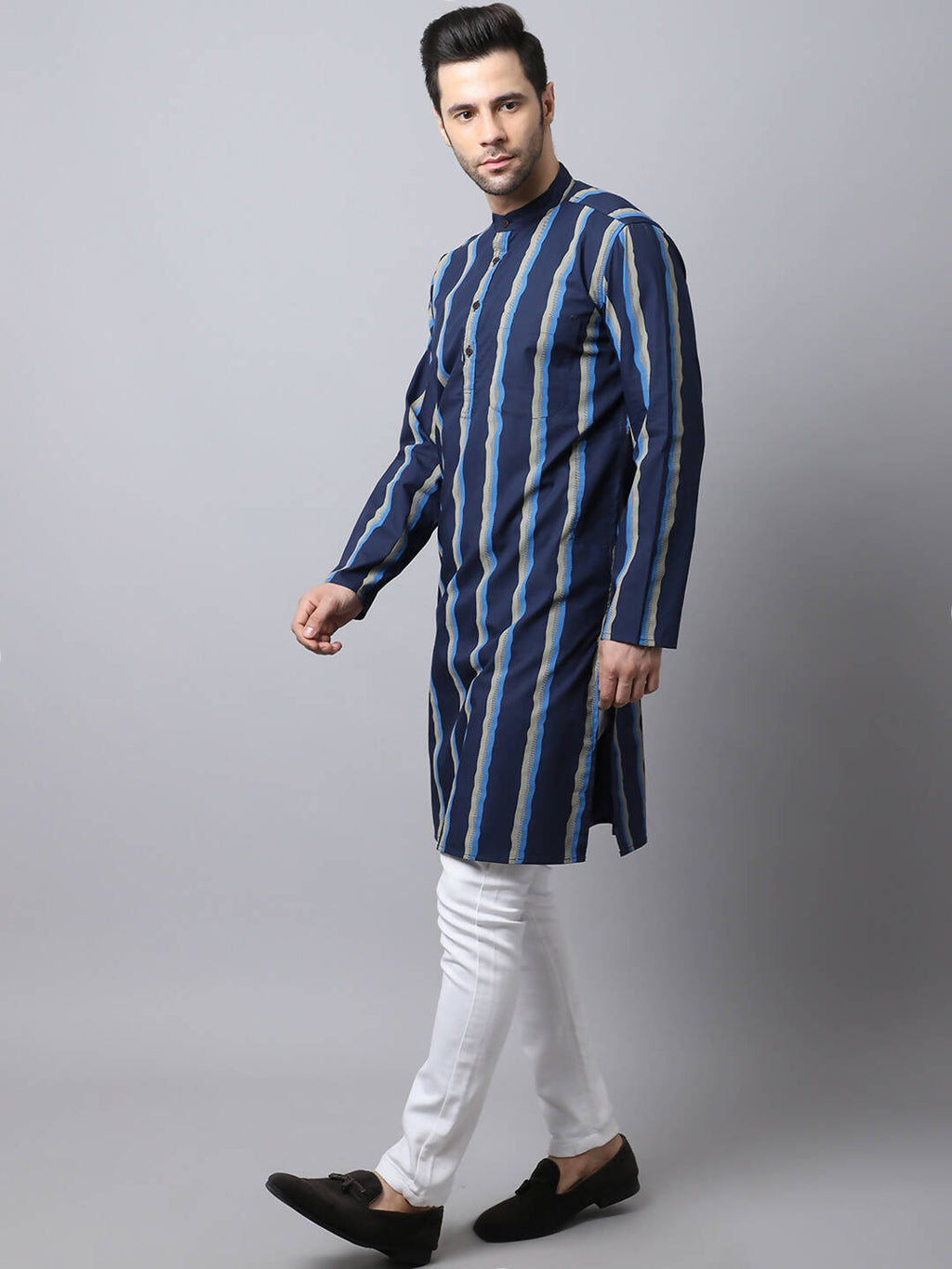 Even Apparels Navy Pure Cotton Men's Kurta With Band Collar (STR1169)