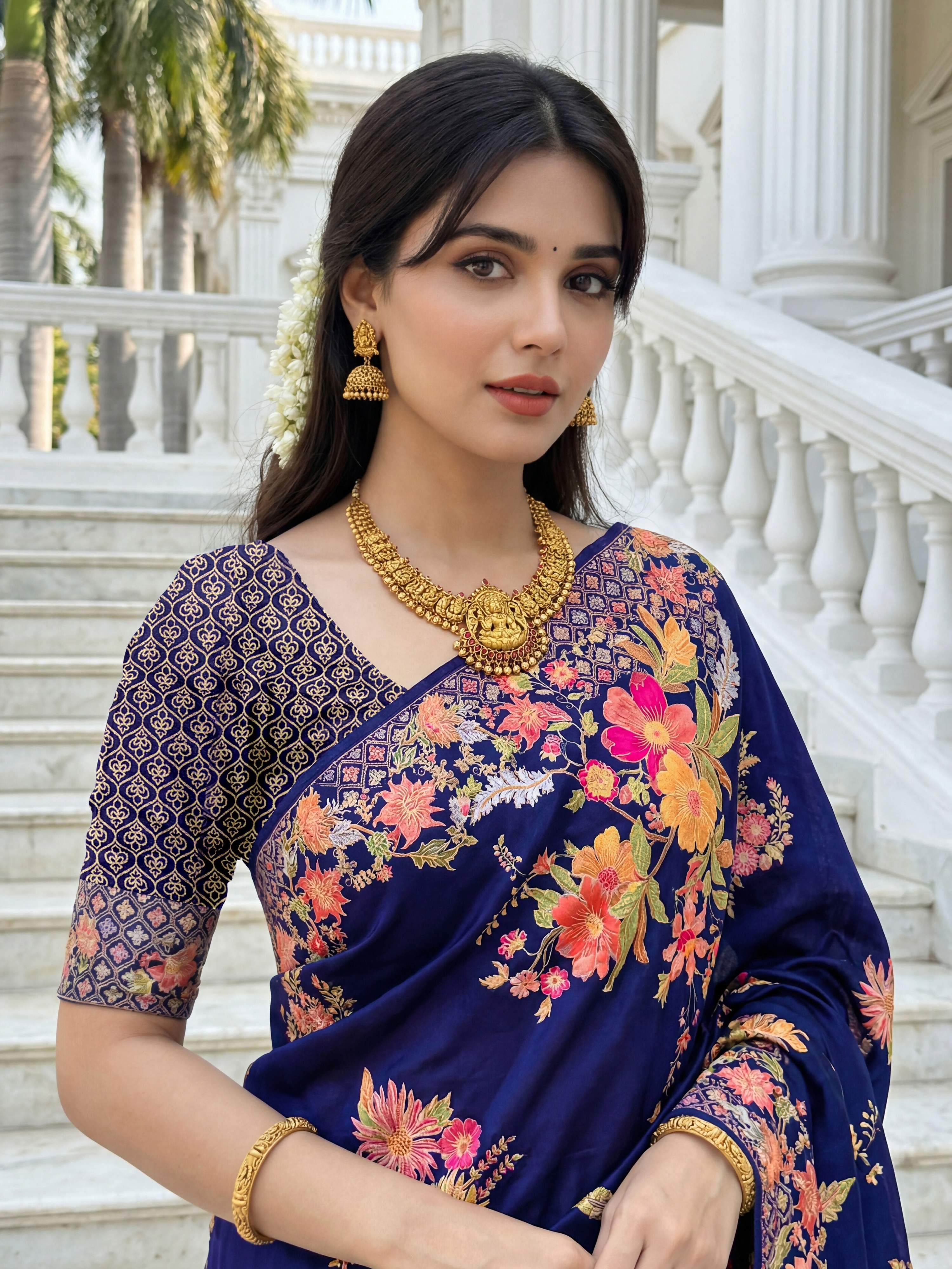 Aastha Fashion Royal Blue Premium Russian Silk Designer Floral Position Print Saree
