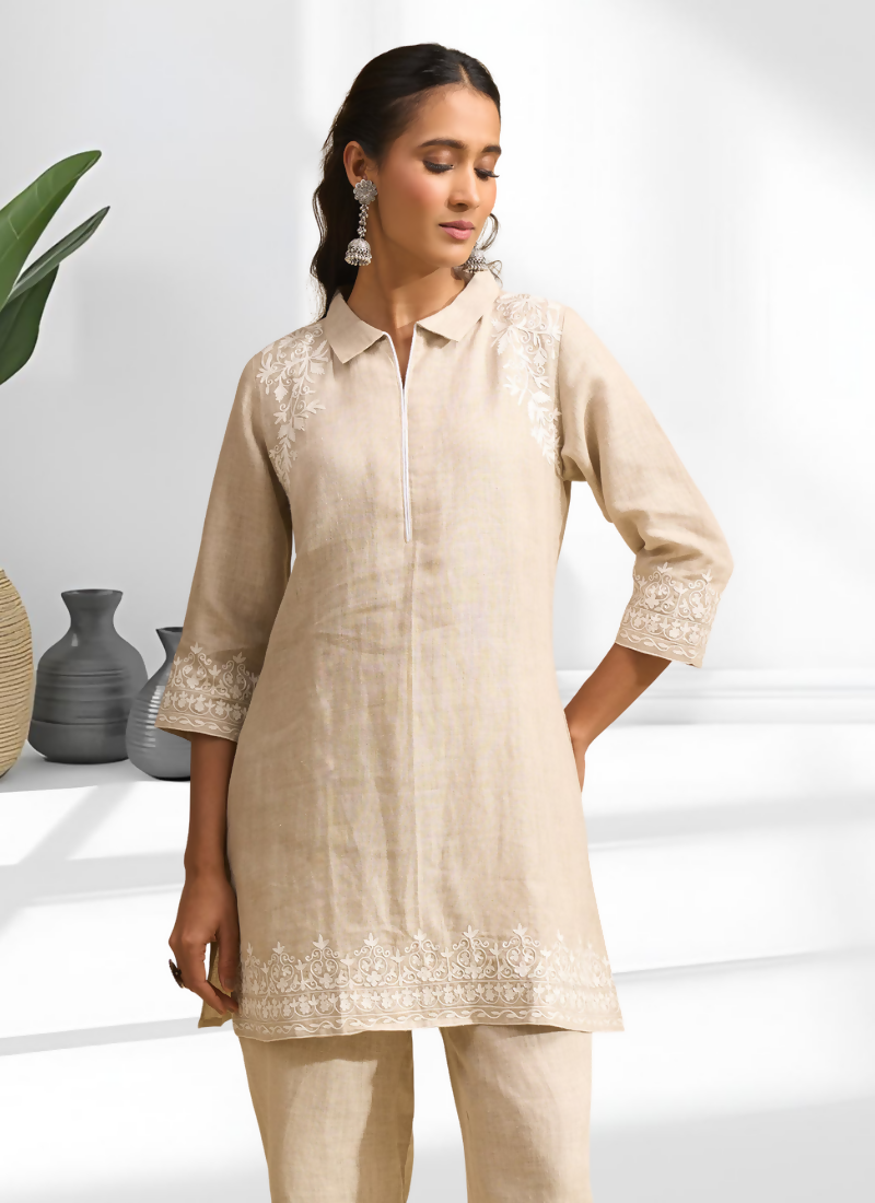 Joban Fashion Beige Linen Embroidered Readymade Cord Set
