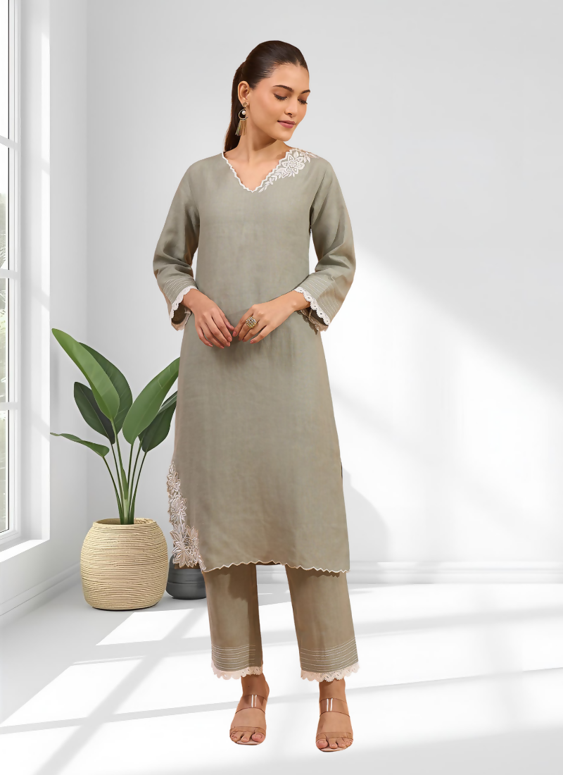 Joban Fashion Gray Linen Embroidered Readymade Long Kurta With Pant