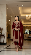 Joban Fashion Maroon Kurta Set Velvet Embroidery Sequence Work
