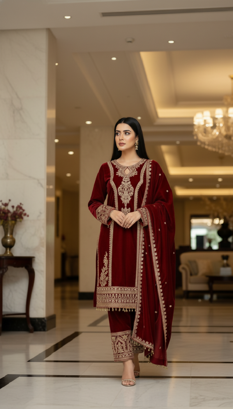 Joban Fashion Maroon Kurta Set Velvet Embroidery Sequence Work