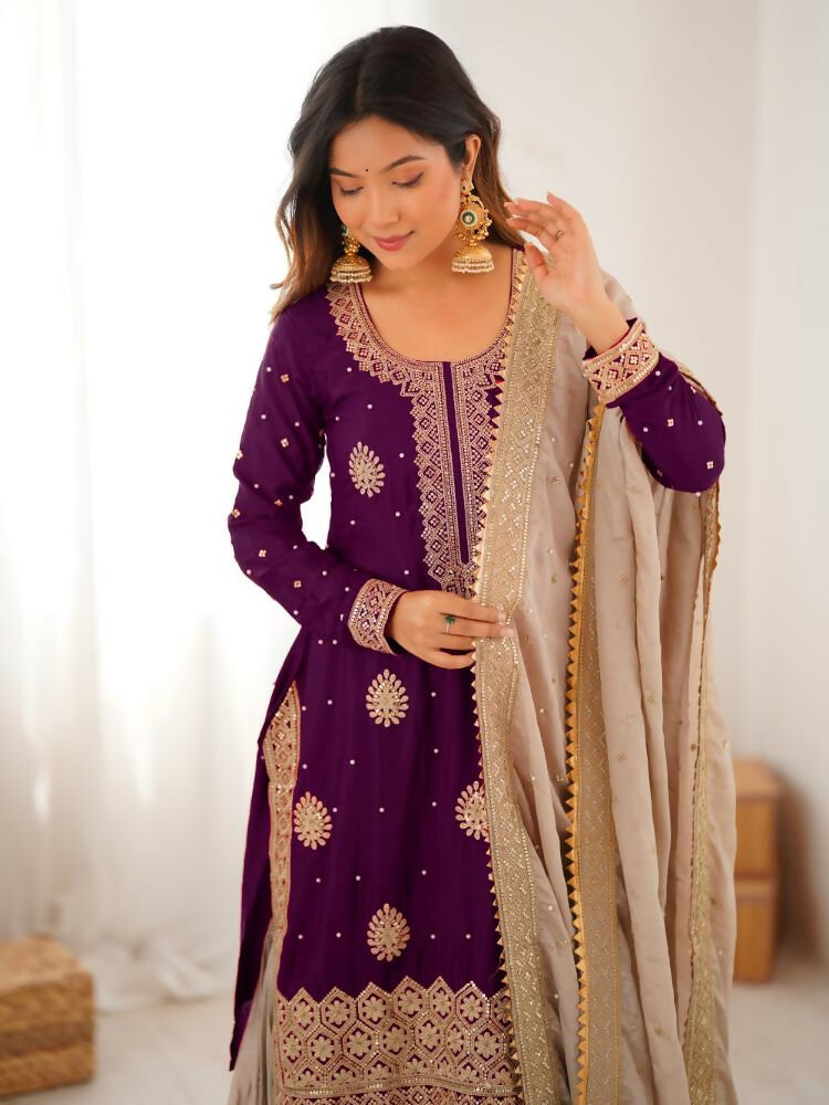 Lehenga Mart Designer Sharara Suit With Kurta, Sharara, Dupatta For Women-Wine