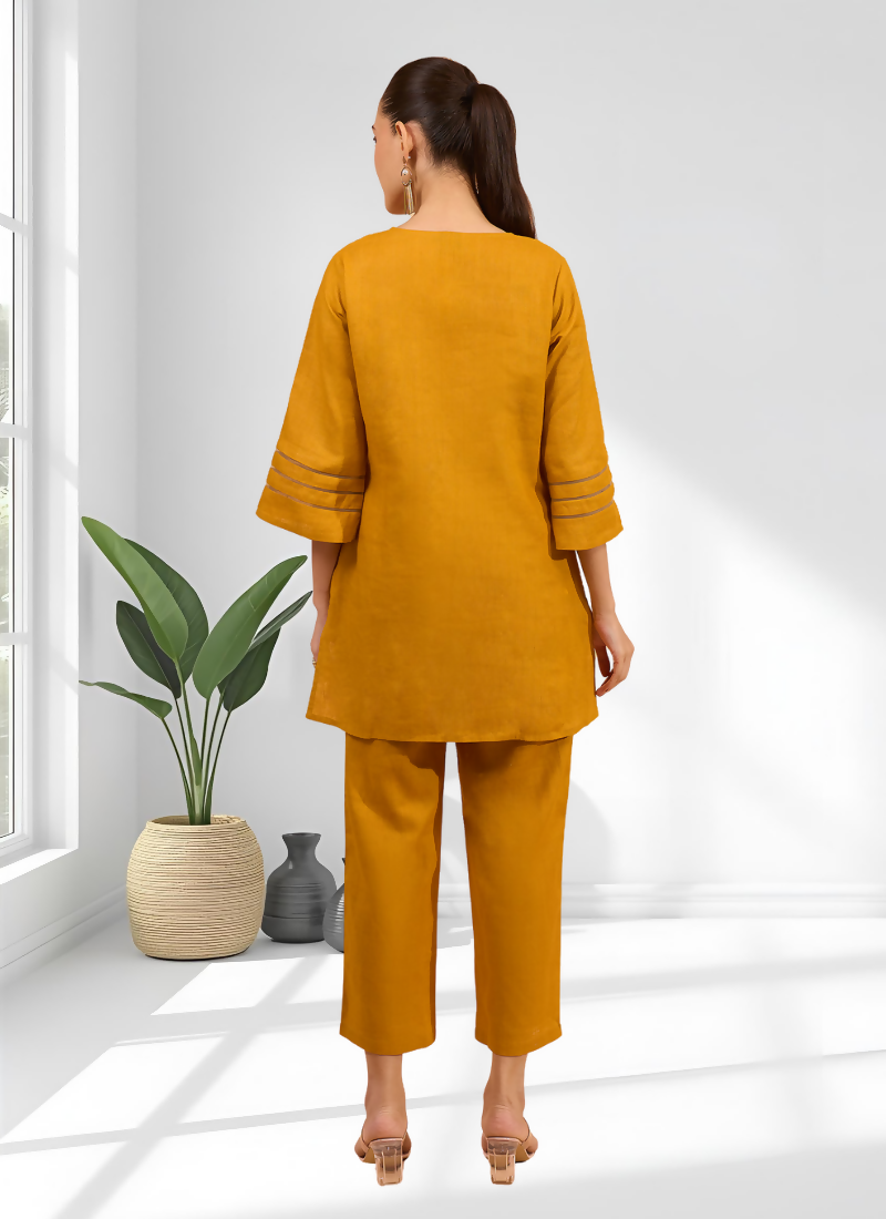 Joban Fashion Yellow Cotton, Linen Embroidered Readymade Cord Set