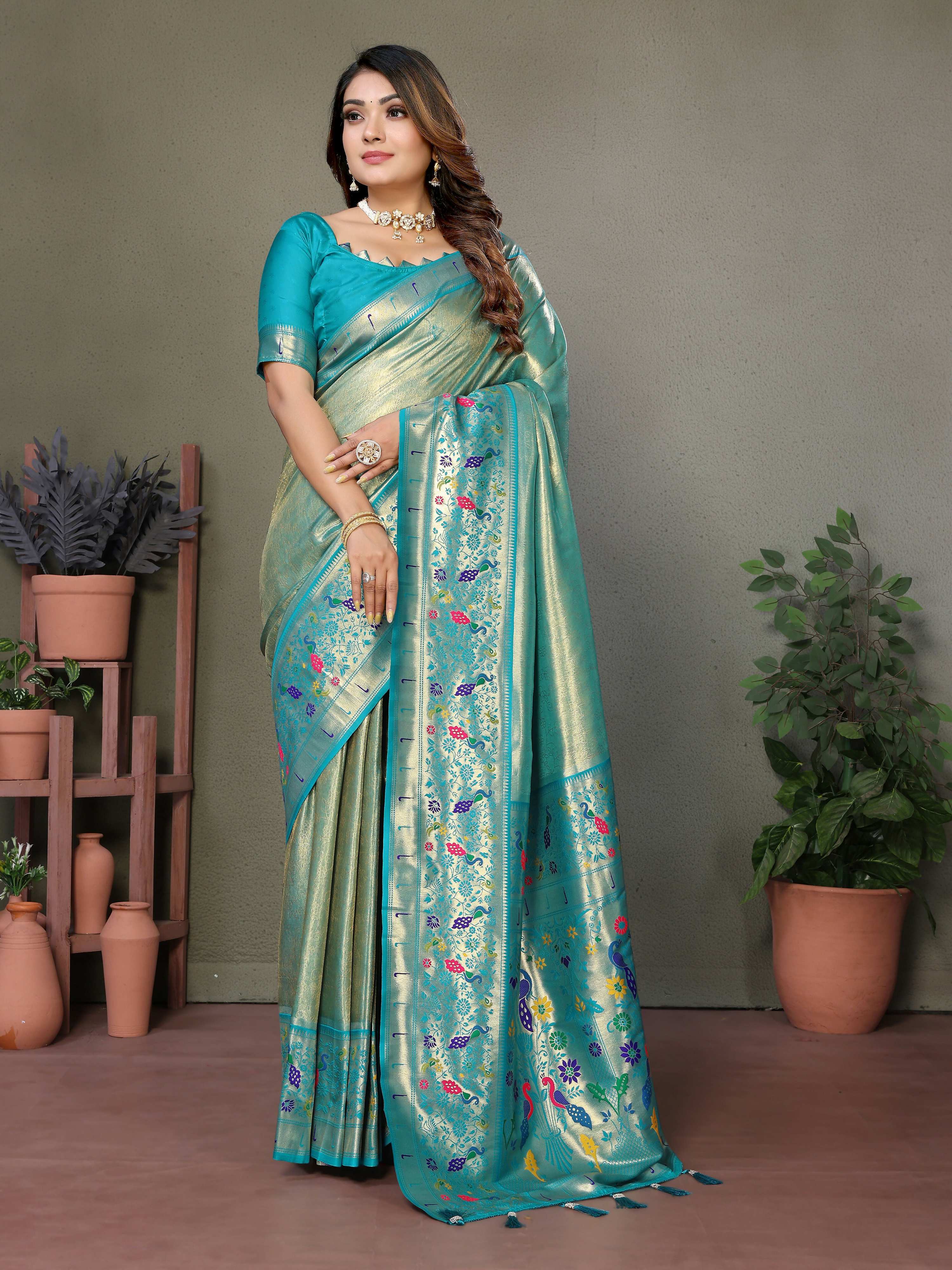 Aastha Fashion Sea Green Tissue Silk Paithani Woven Saree