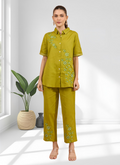 Joban Fashion Green Cotton, Linen Embroidered Readymade Cord Set