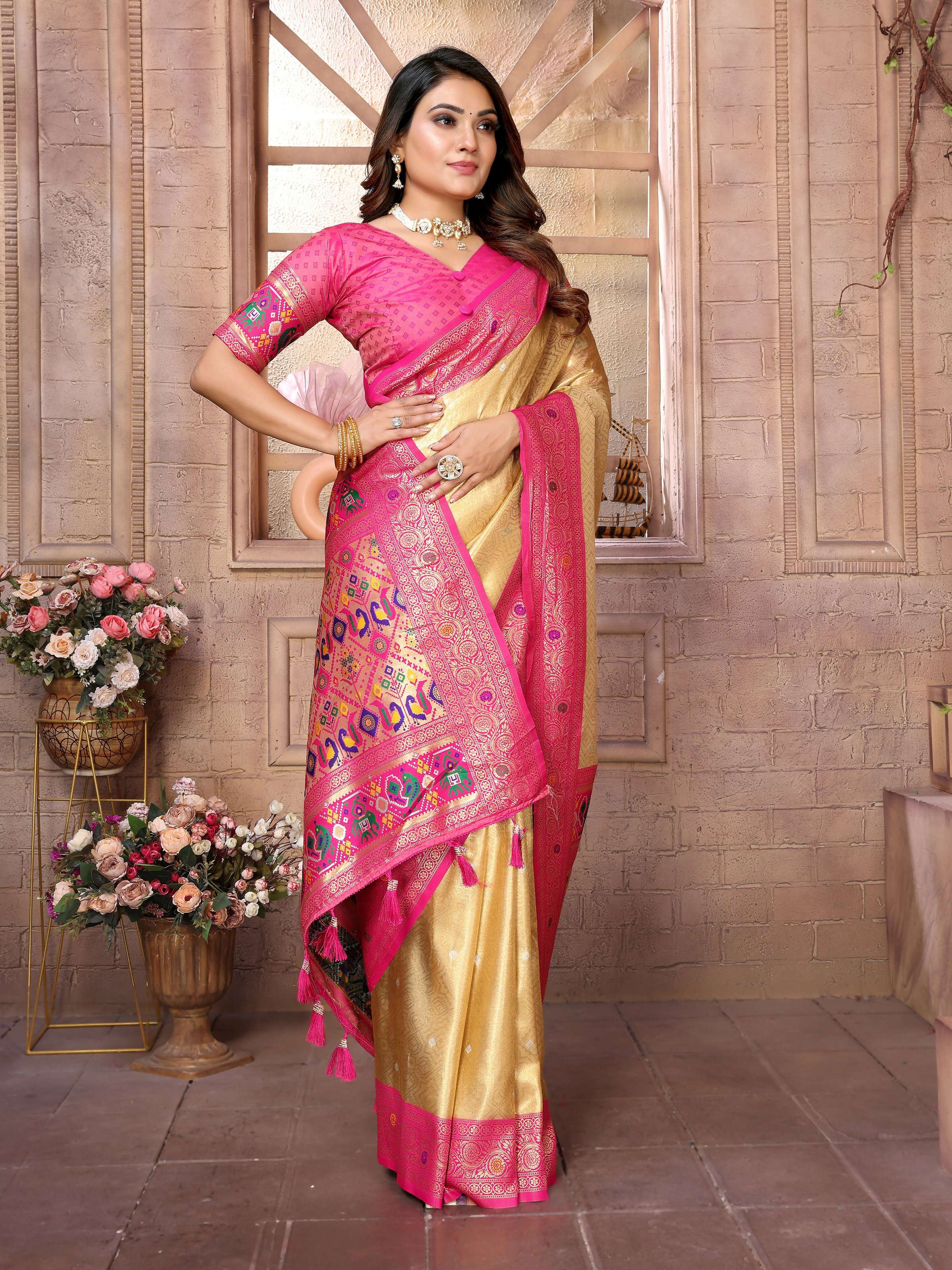 Aastha Fashion Cream Banarasi Tissue Silk Weaving Saree