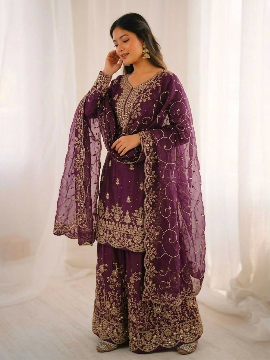 Teeya Creation Wine Color Gymmi Silk Embroidery Work Wedding Wear Sharara Set