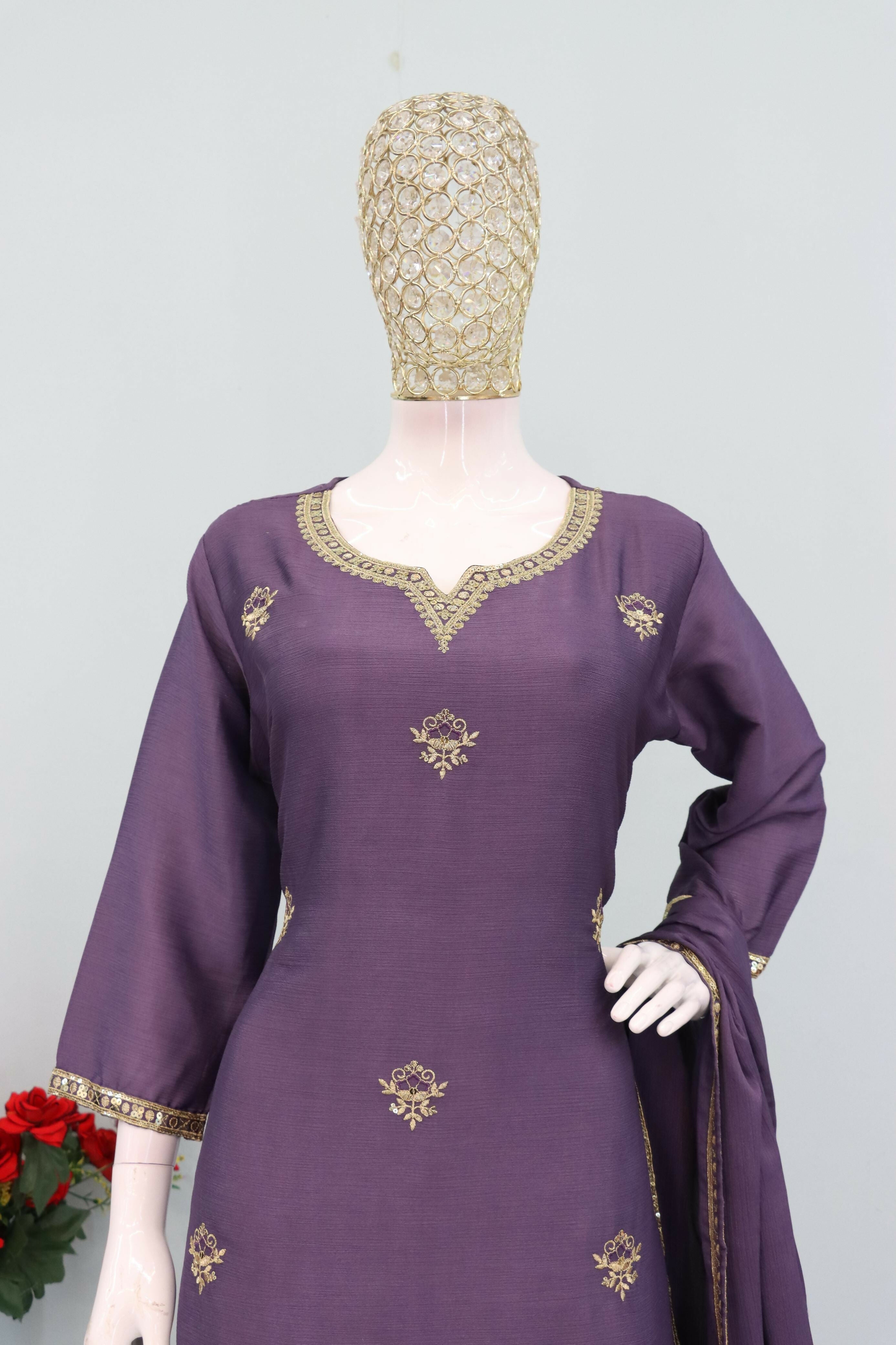 Teeya Creation Onion Color Chinon Silk Heavy Embroidery Work Party Wear Palazzo Set