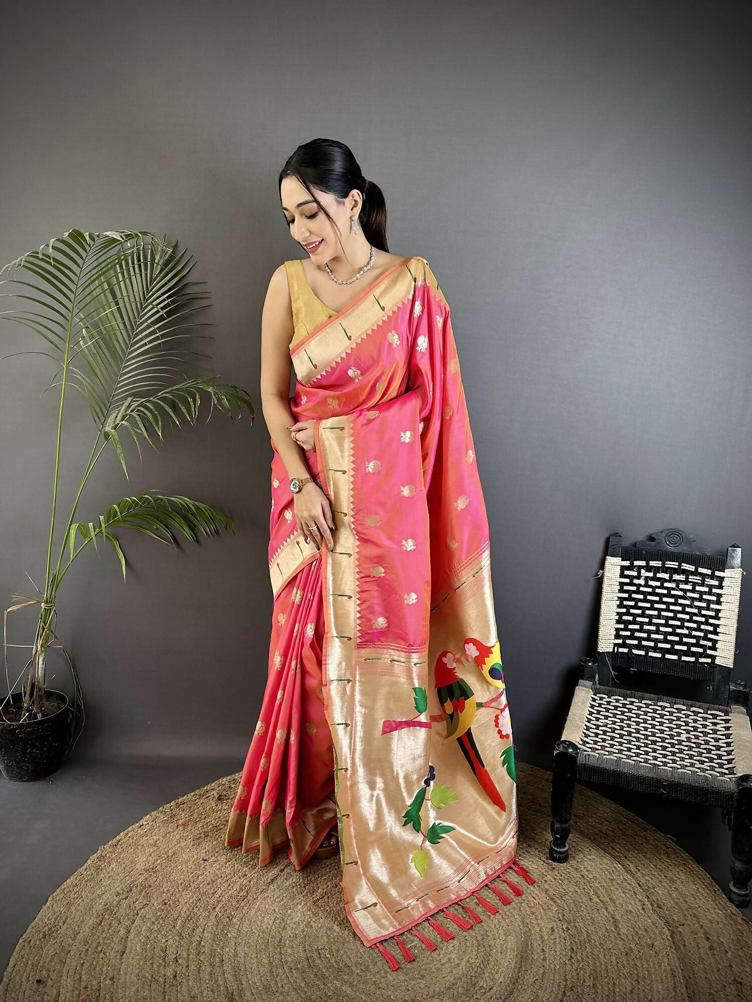 Joban Fashion Peach Peacock & Floral Motifs Soft Silk Kanchipuram Saree