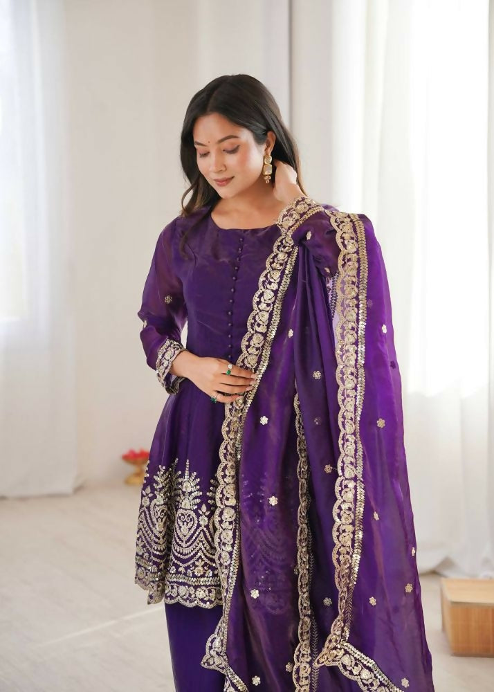 Teeya Creation Purple Color Fendy Satin Silk Embroidery Work party Wear Salwar Suit