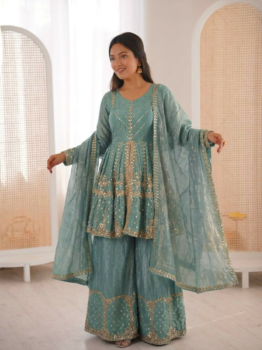 Teeya Creation New Womens Trendy Embroidery Sequence Work Teal Kurta Set