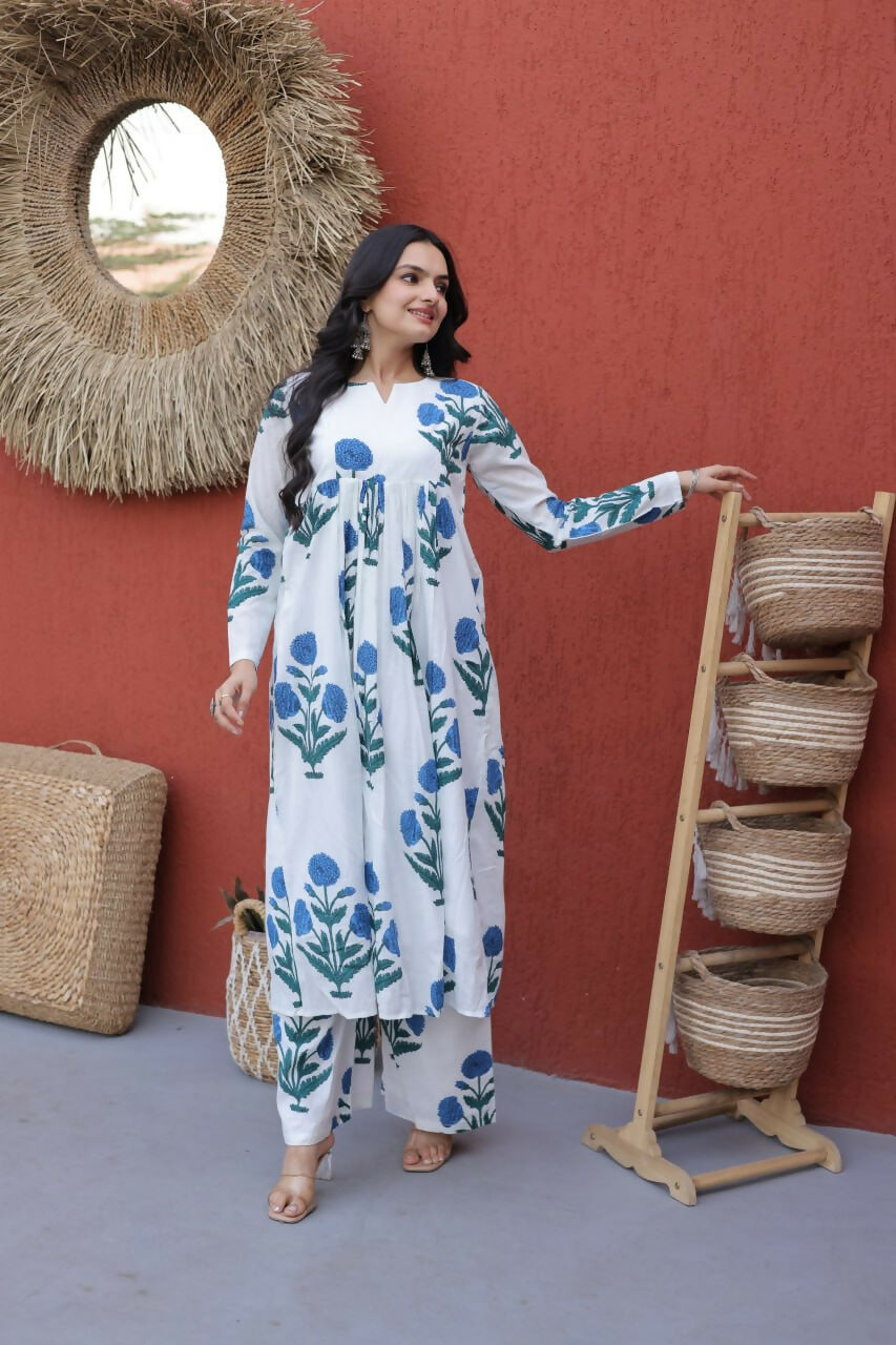 Teeya Creation Womens New Trendy Summer War Printed Cotton Gown Set-Blue