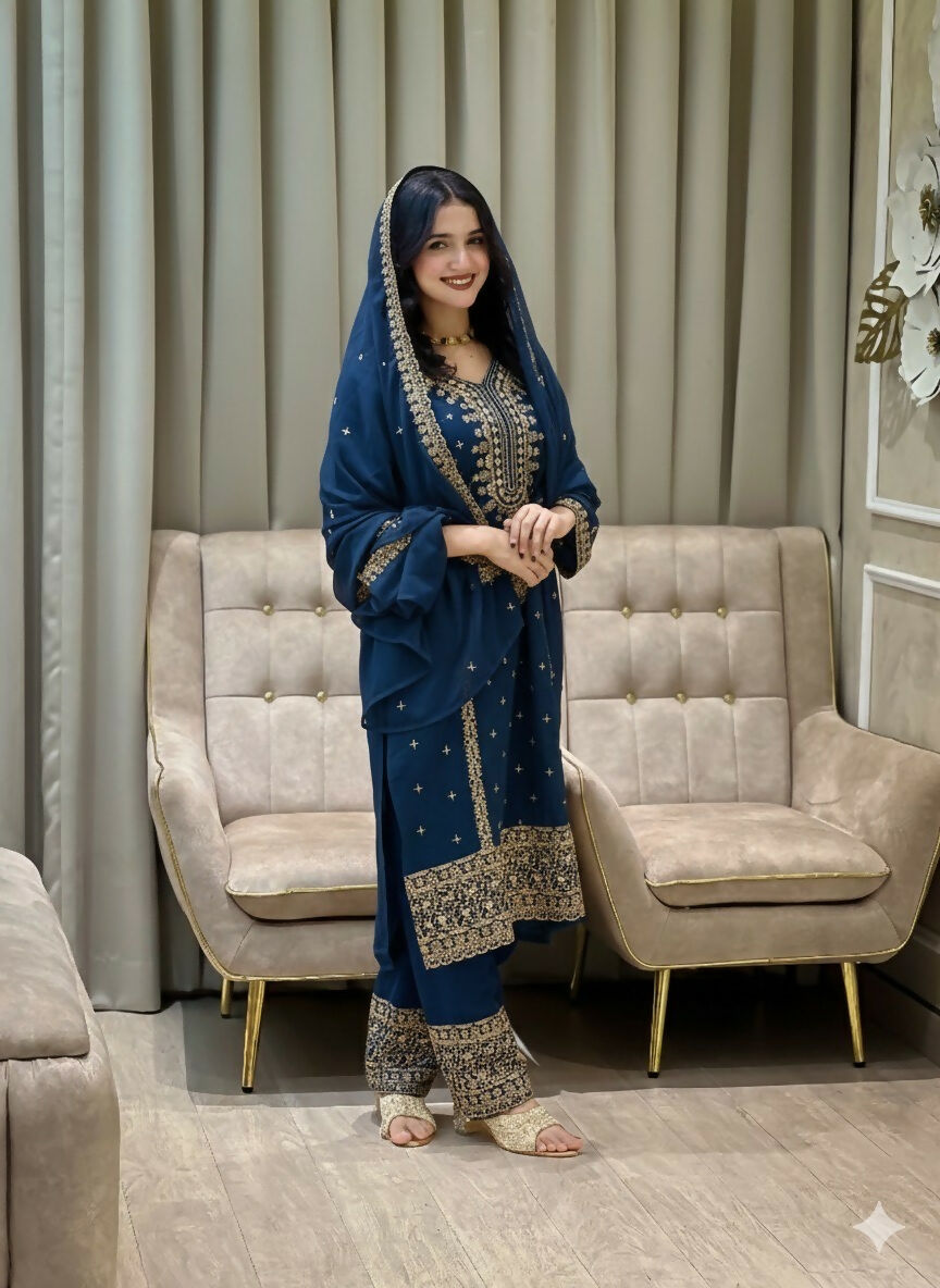 Teeya Creation Blue Color Faux Georgette Embroidery Work Party Wear Salwar Suit