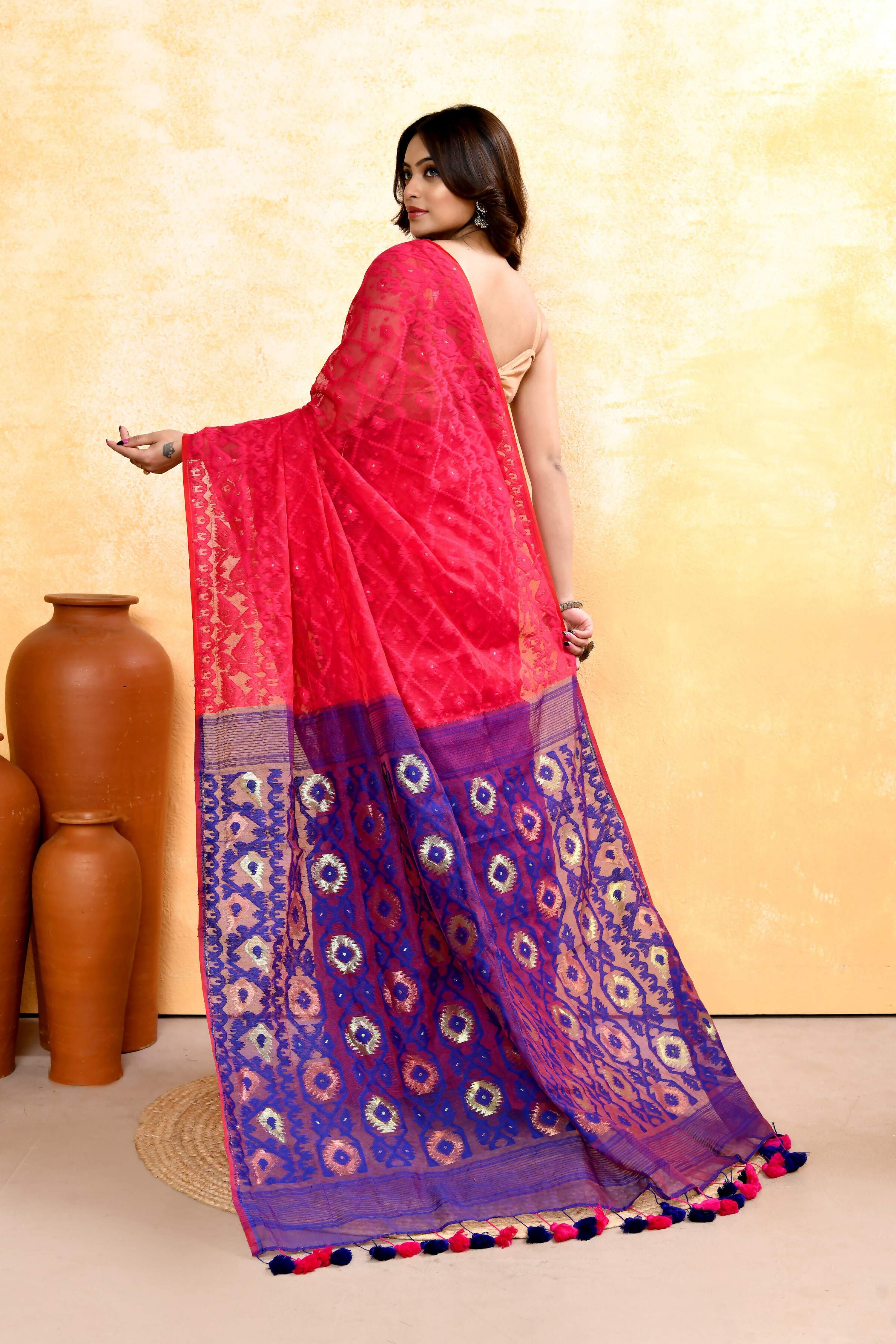 Piyari Fashion Women's Rani Pink Embellished Cotton Blend Jamdani Saree