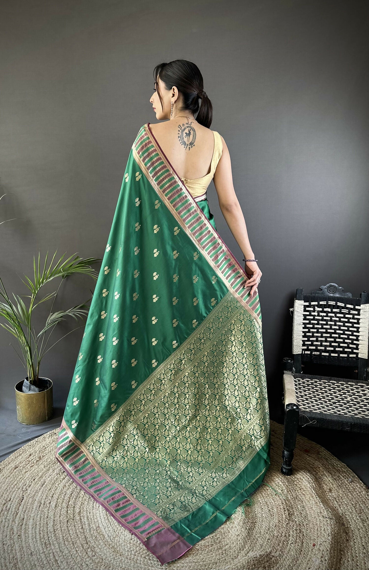 Joban Fashion Green Woven Zari Motifs Lichi Silk Banarasi Silk Saree