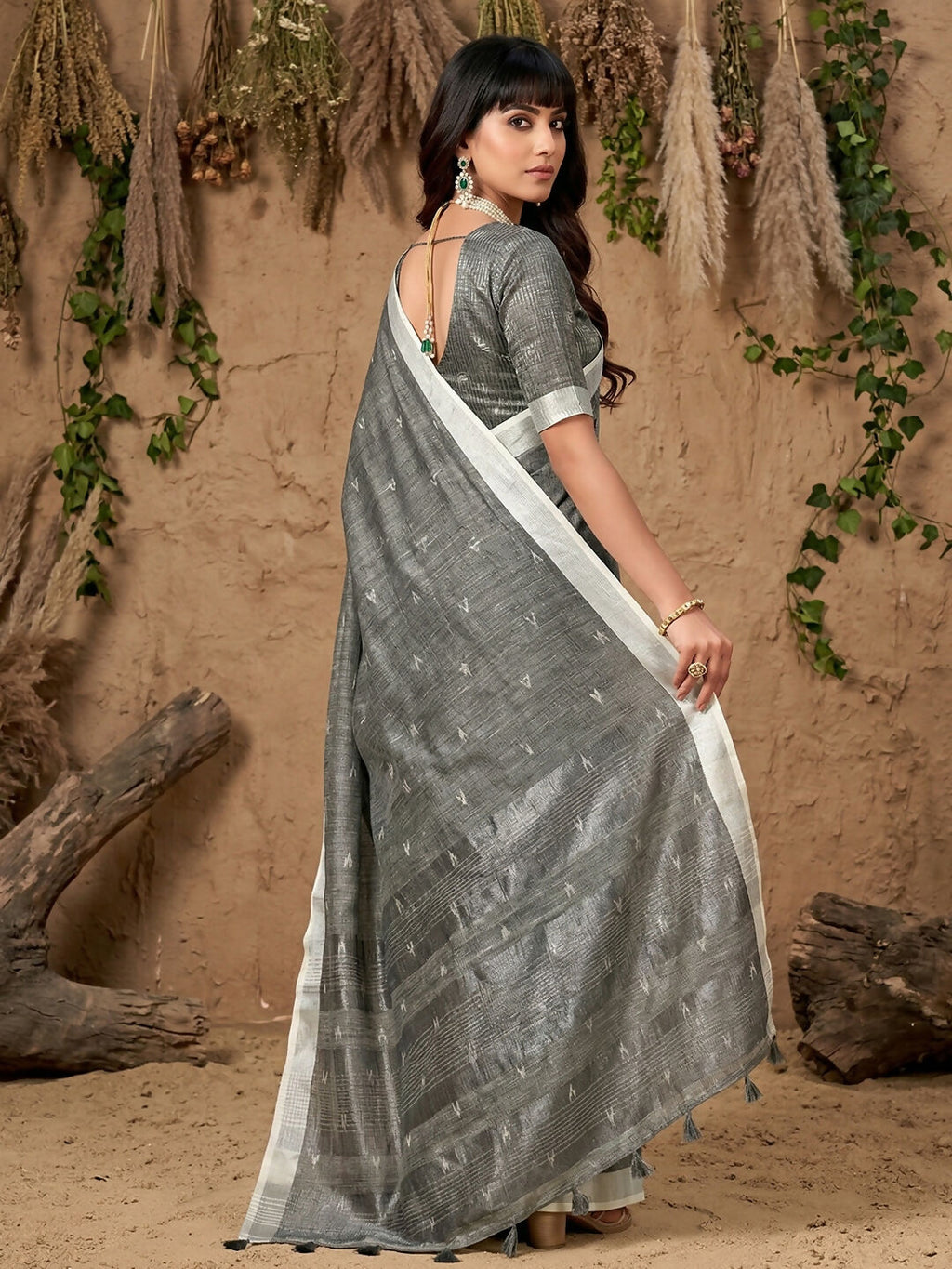 Shree Shyam Fashion Gray Linen Cotton Saree