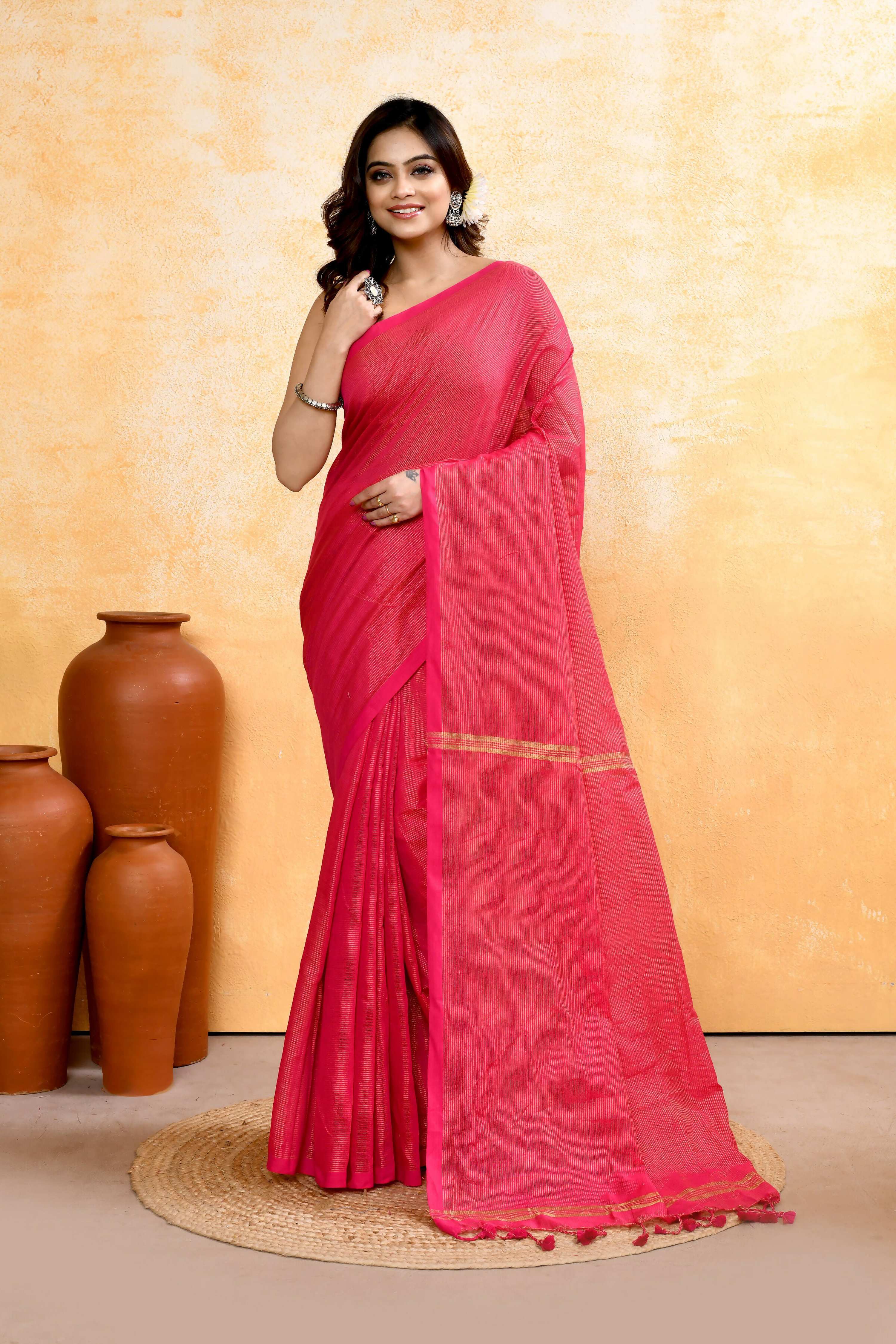 Piyari Fashion Women's Rani Pink Embellished Cotton Blend Zari Check Handloom Saree