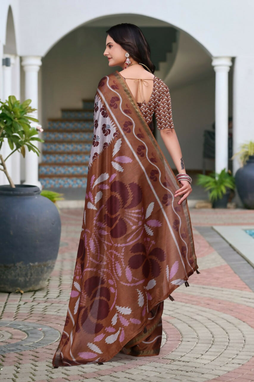 Prime Volt Women's Brown Printed Mal Cotton Saree with Designer Blouse Piece