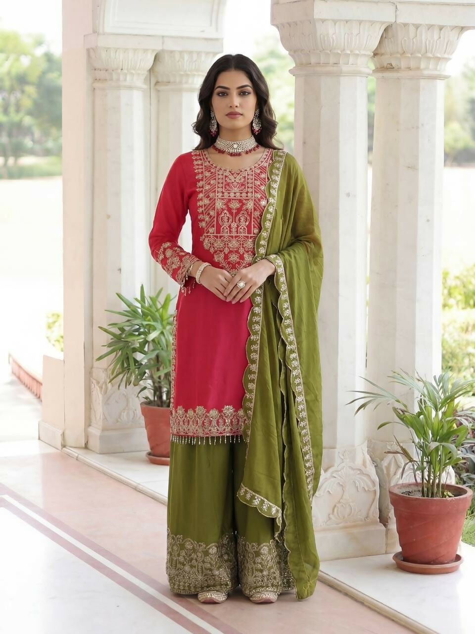 Teeya Creation Rani Chinon Silk Designer Wedding Wear Embroidery Work Palazzo