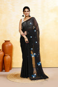 Piyari Fashion Women's Black Embellished Cotton Blend Embroidery Saree