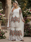 Teeya Creation White Fendy Silk Heavy Embroidery Work Party Wear Sharara Suit