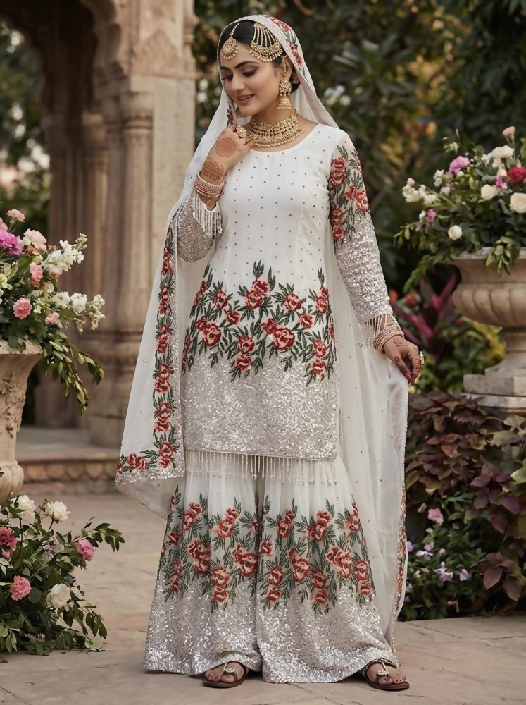 Teeya Creation White Fendy Silk Heavy Embroidery Work Party Wear Sharara Suit