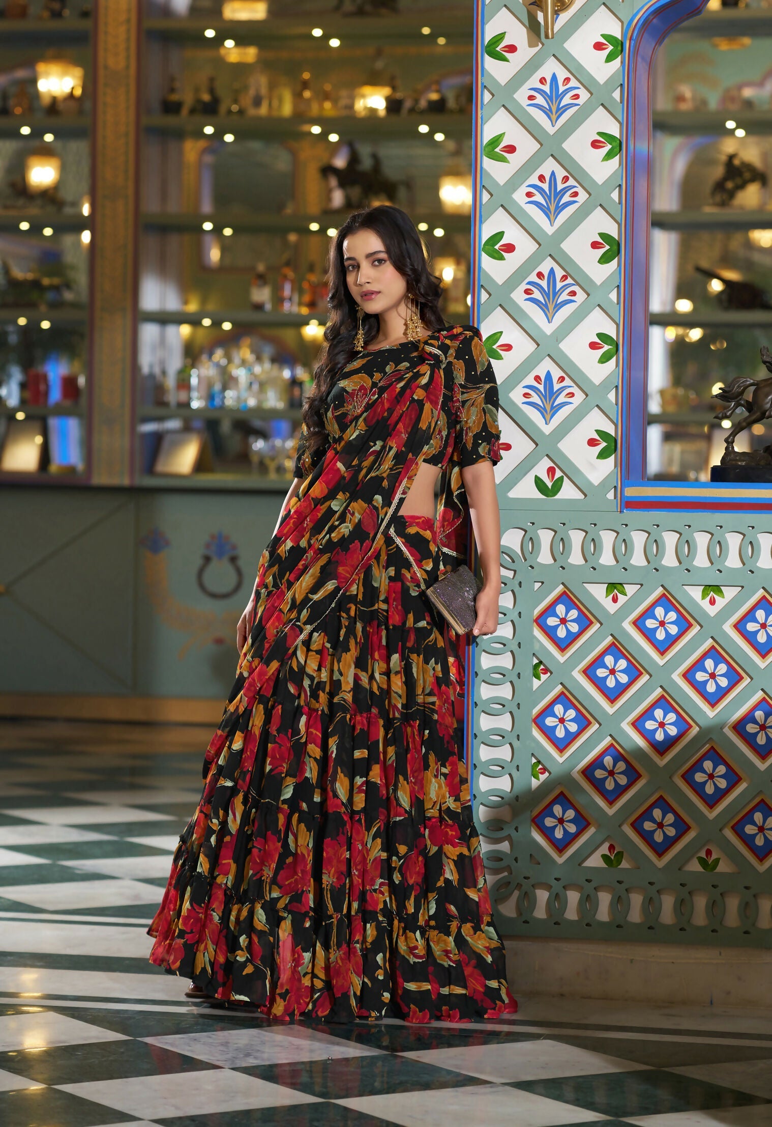 Lorenvalley Fashion Black Tasar Silk Printed And Iconic Sparkle with Lace Border Lehenga Choli with Dupatta