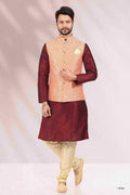 Raivat Ethnic Jacquard Banarasi Silk Woven Work 3 Pics Jacket Set In Peach Colour