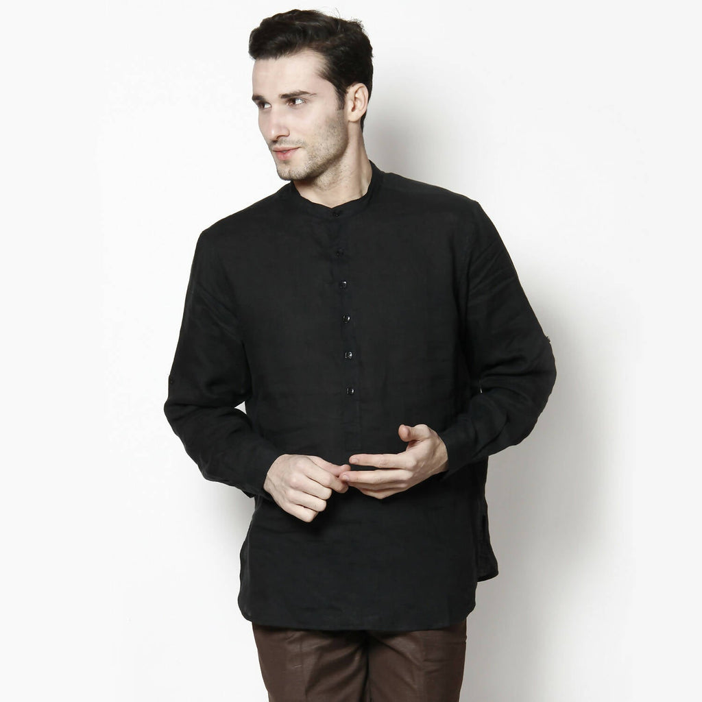 Even Apparels Black Linen Linen Men's Kurta With Band Collar