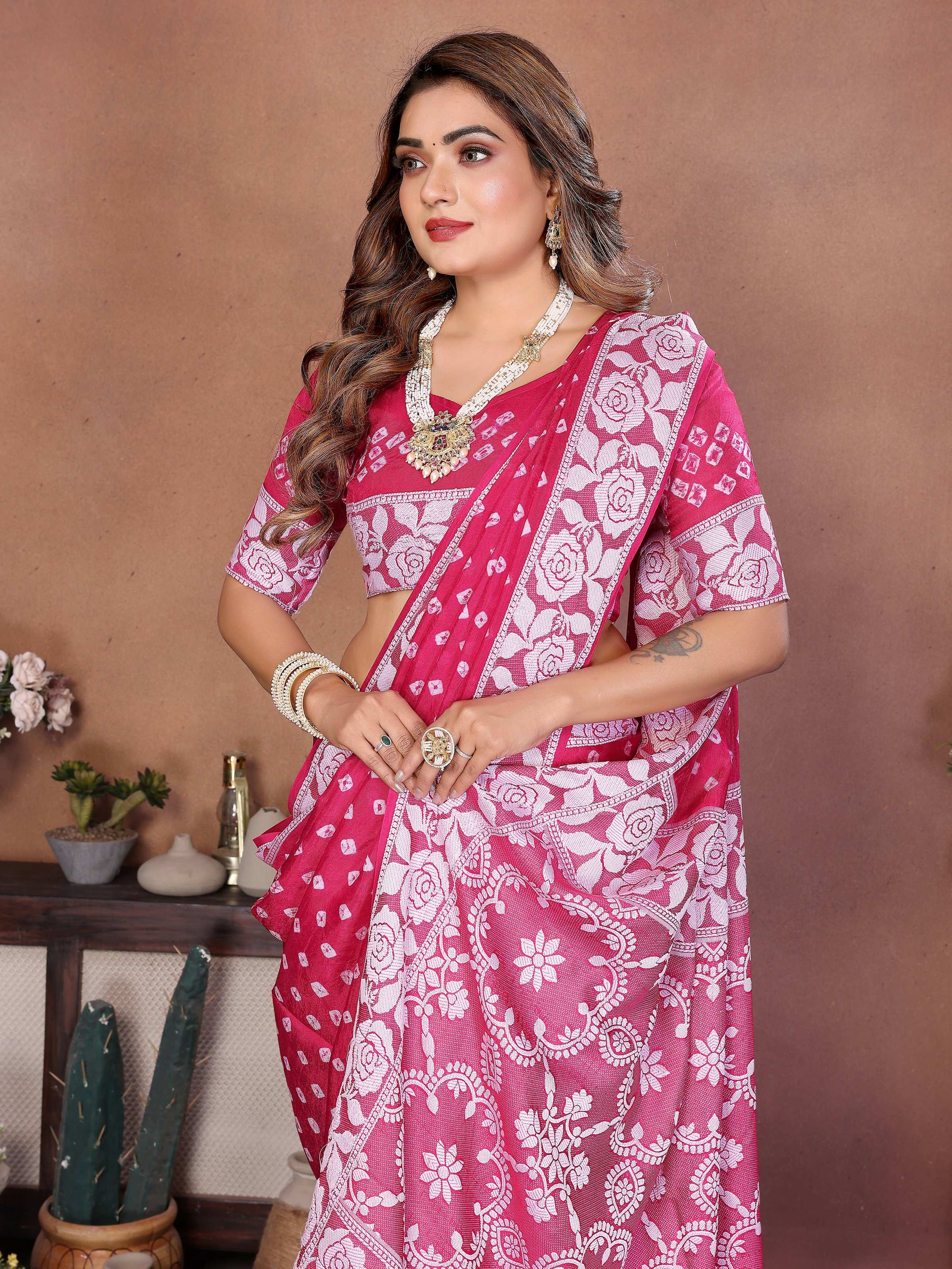 Aastha Fashion Pink Viscose Silk Handmade Original Bandhej Saree