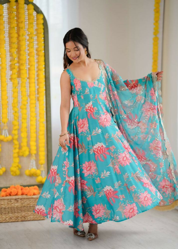 Teeya Creation Blue Pure Muslin Silk Digital Print Traditional Wear Long Gown