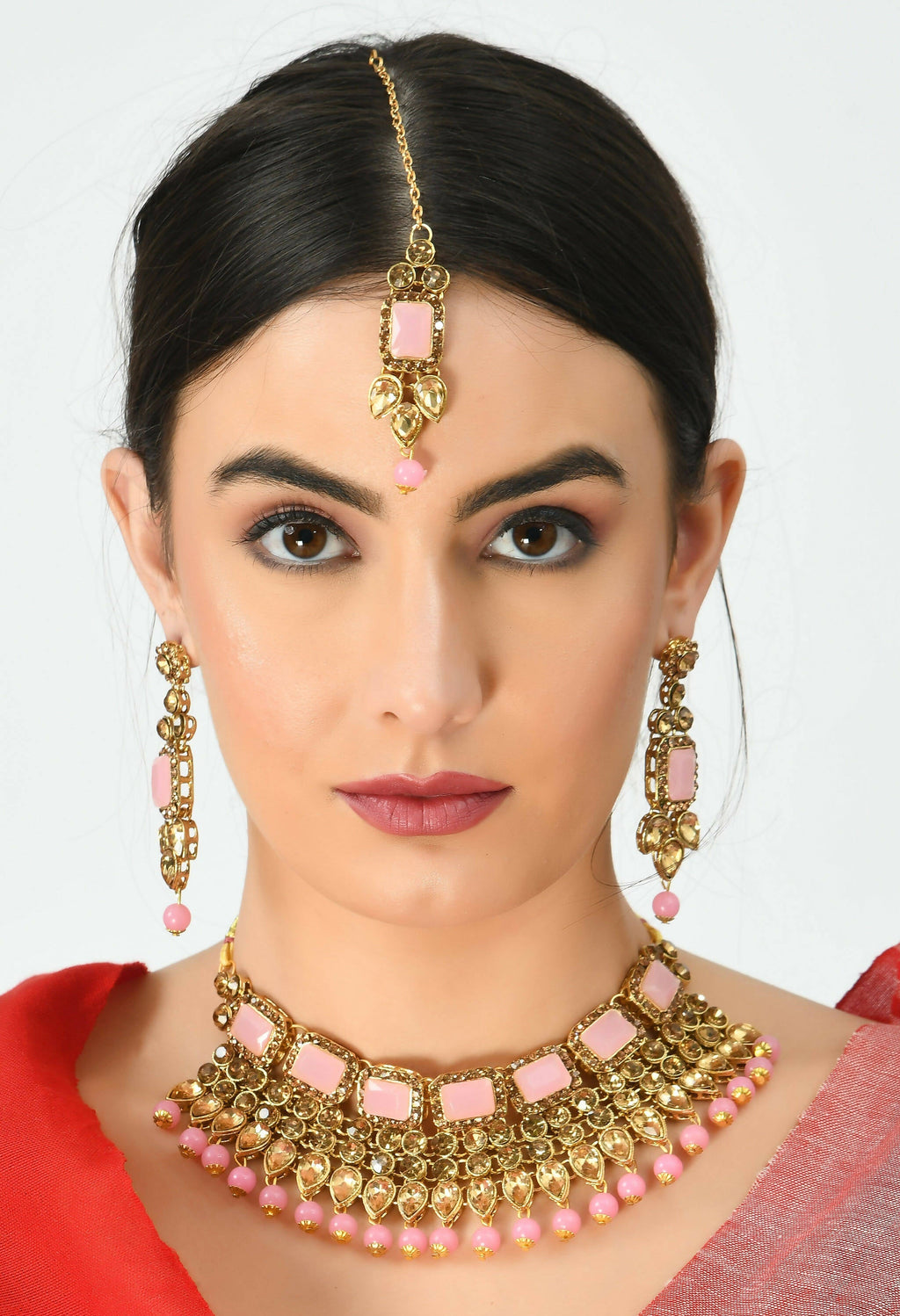 Mominos Fashion Johar Kamal Gold-Polished Brass Finish Kundan/Stone Choker For Women (Baby Pink)