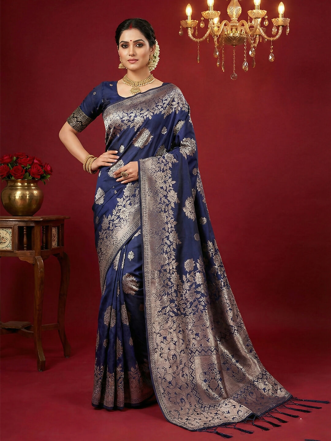 Shree Shyam Fashion Navy Blue Silk Blend Saree