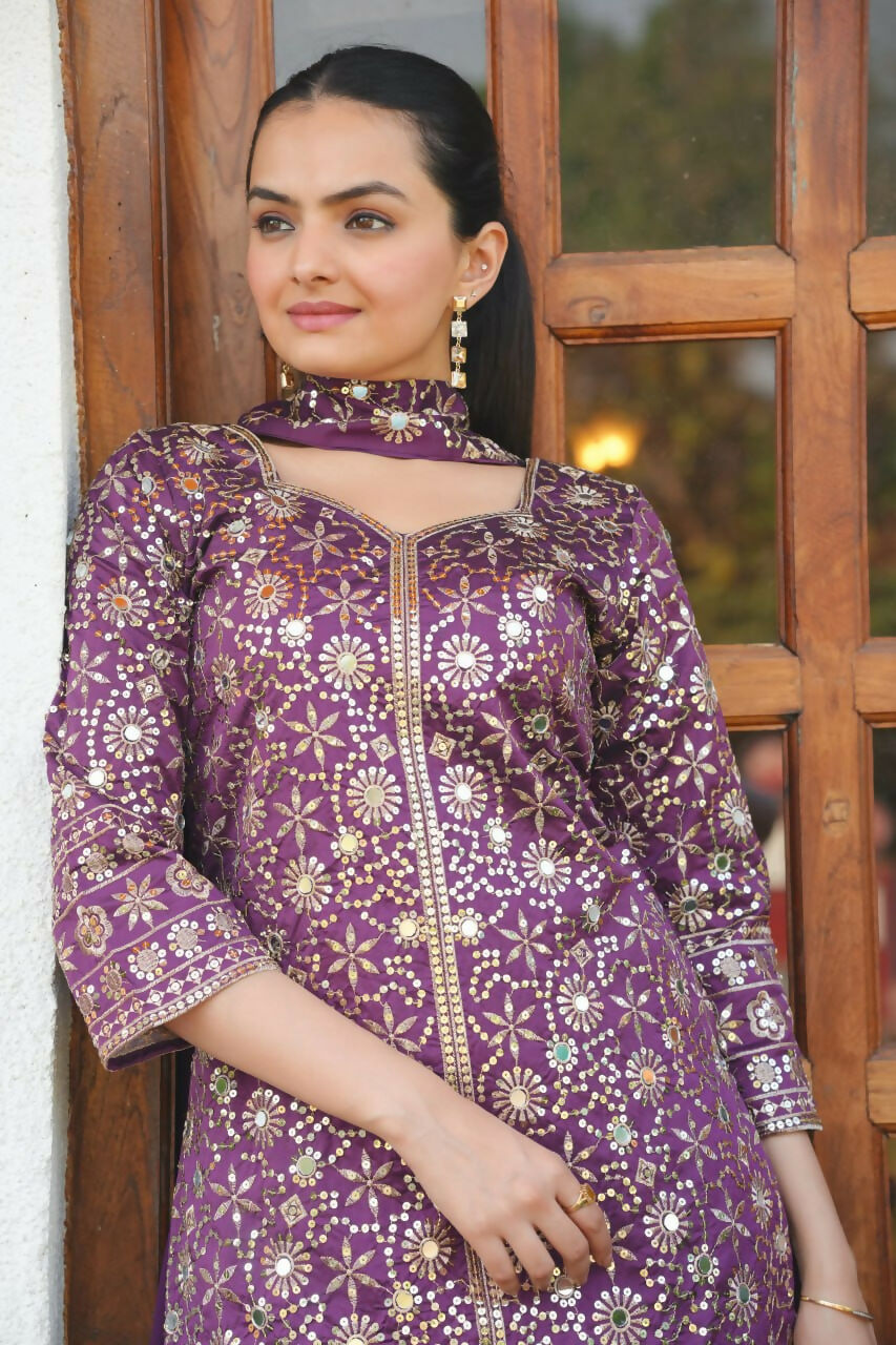 Teeya Creation Wine Color Tapeta Silk Embroidery Work Party Wear Palazzo Set