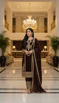 Joban Fashion Coffee Kurta Set Velvet Embroidery Sequence Work