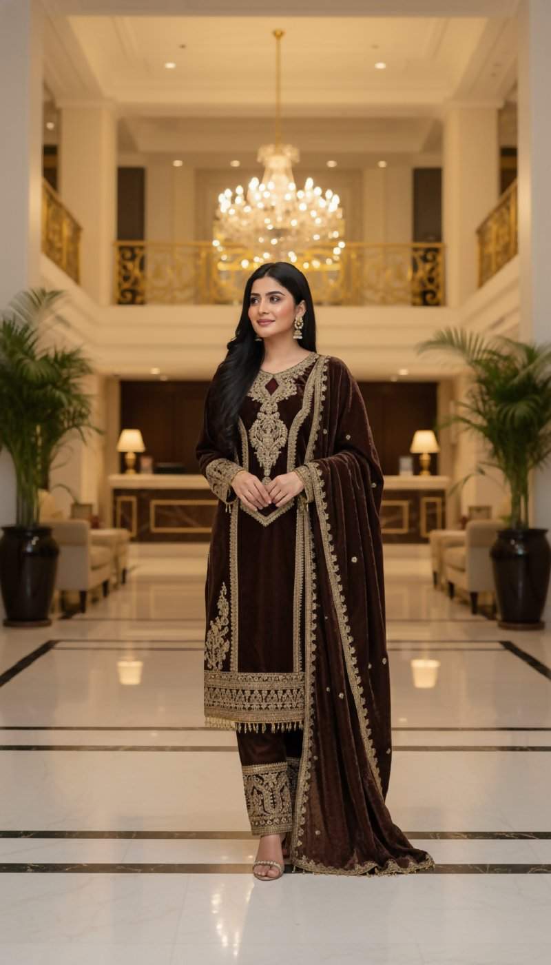 Joban Fashion Coffee Kurta Set Velvet Embroidery Sequence Work