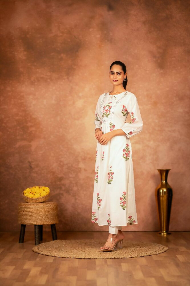 Joban Fashion Off White Pink Floral Hand Block Printed Cotton Kurta Pant Set