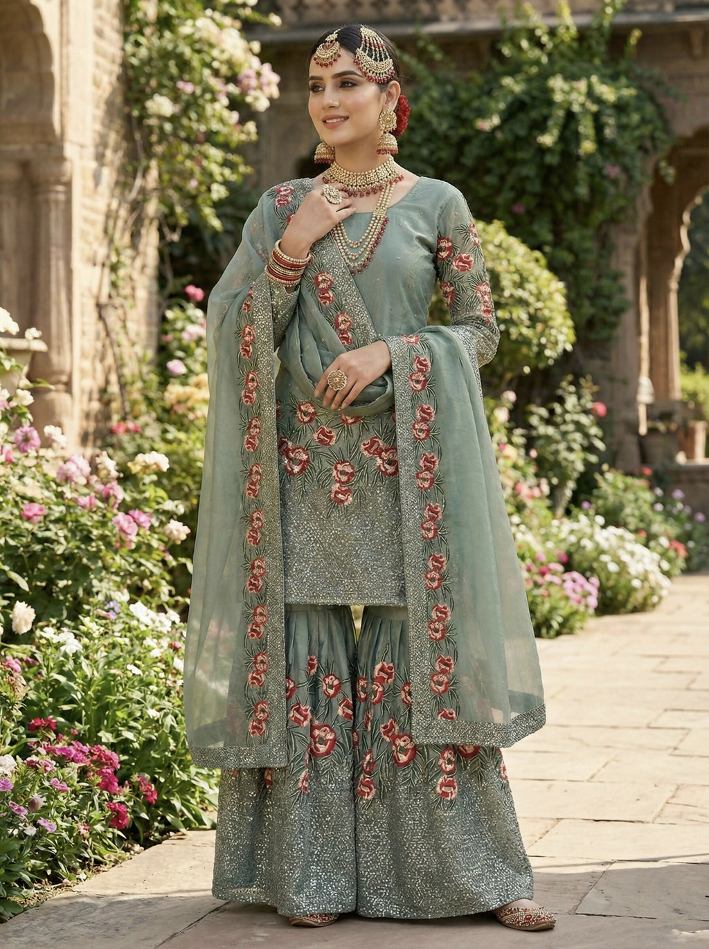 Teeya Creation Teal Fendy Silk Heavy Embroidery Work Party Wear Sharara Suit