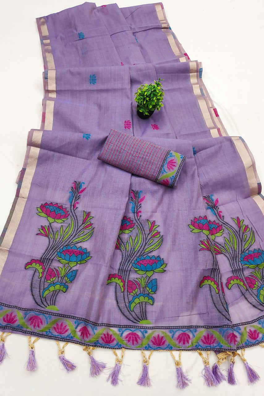 Vastranavya Lavender Muga Cotton Meenakari & Azarakh Pallu Saree with Contrast Blouse