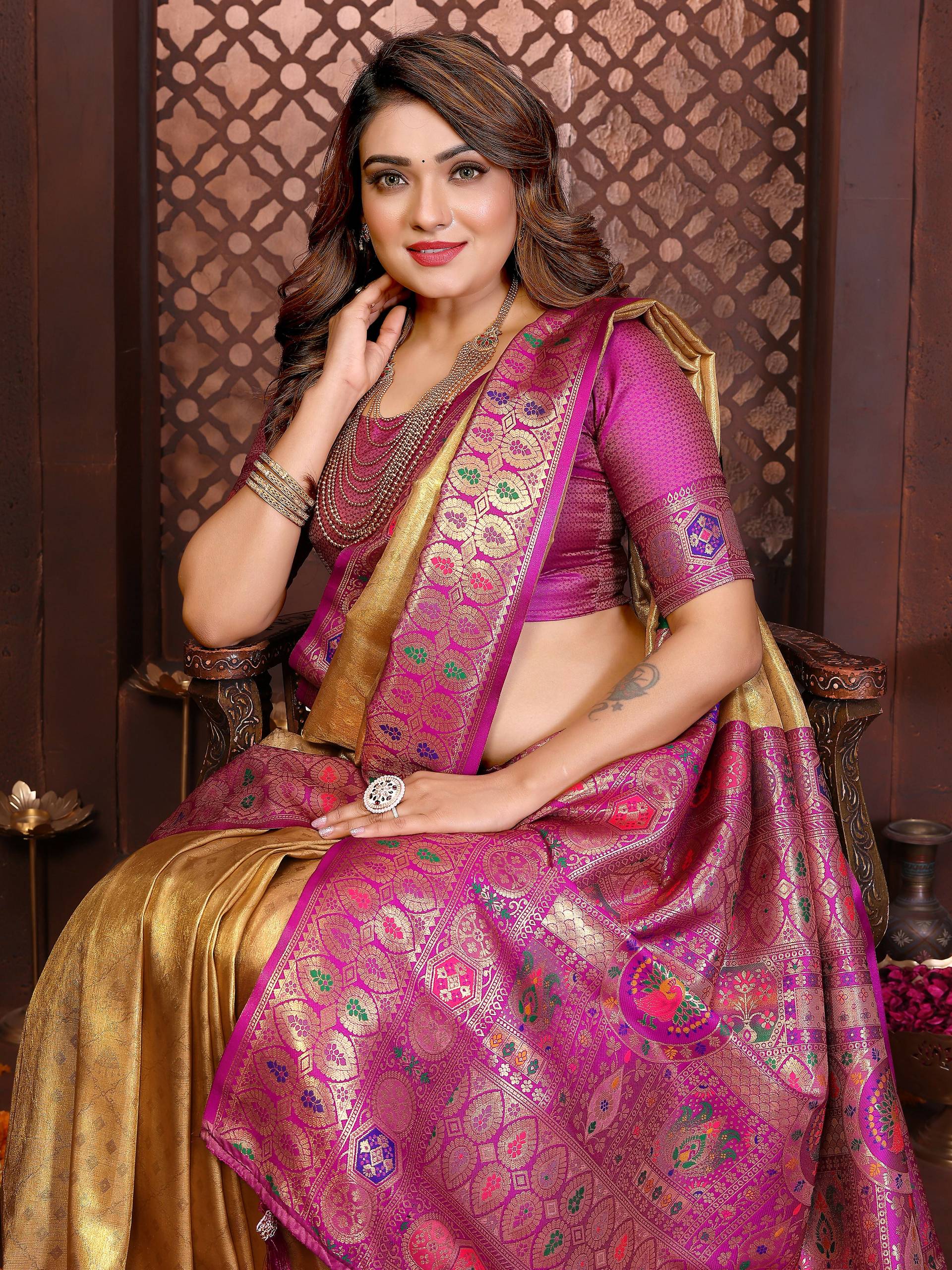 Aastha Fashion Yellow Tissue Silk Weaving Saree